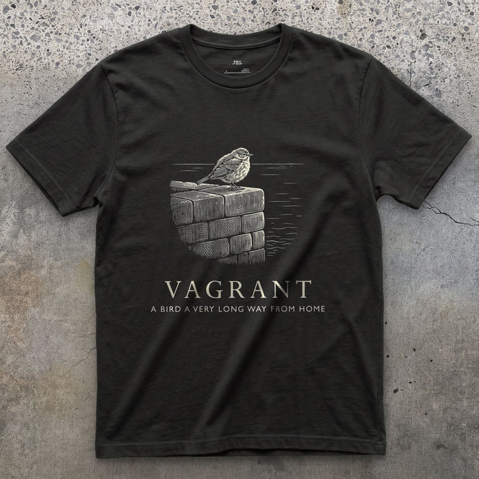 Vagrant, a Bird a Very Long Way From Home design on a Black Gildan Softstyle t-shirt