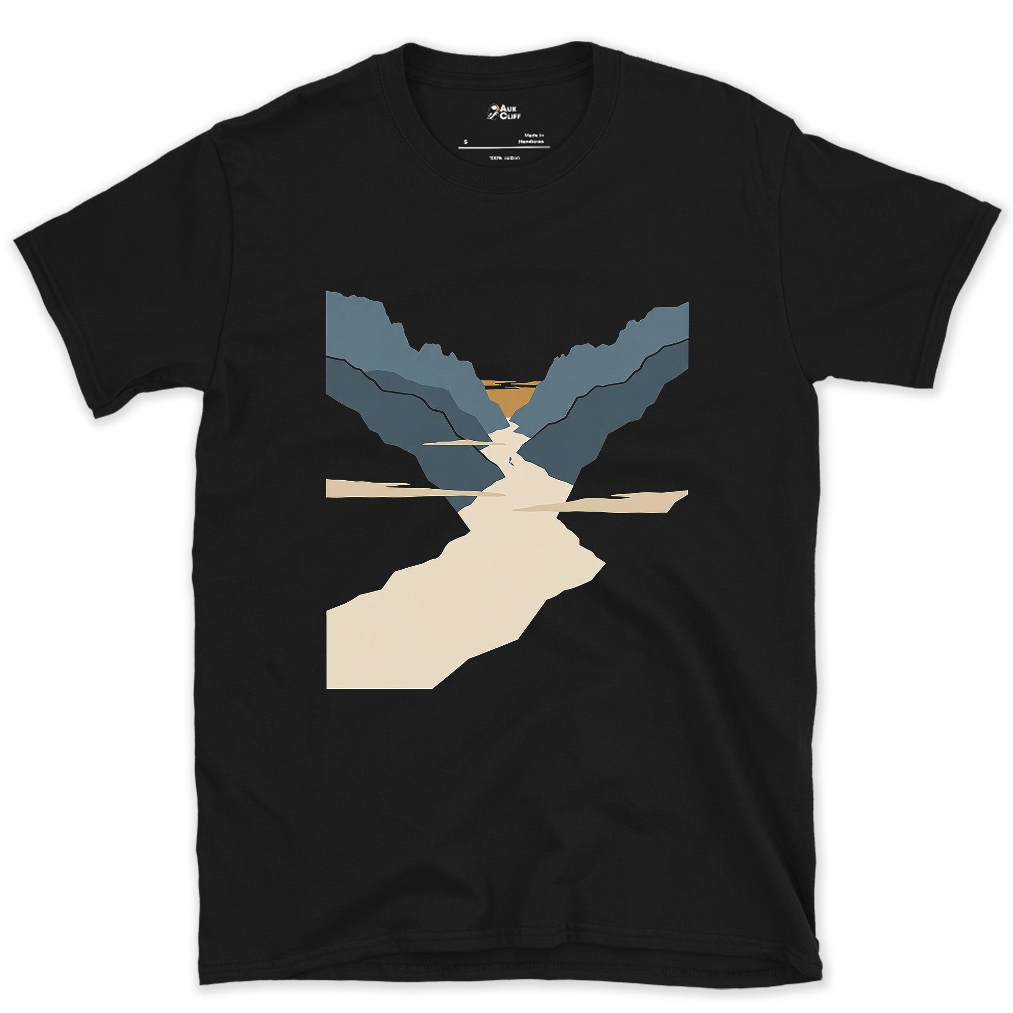 Gold Light Through the Mountain Gap design on a Black Gildan Softstyle t-shirt