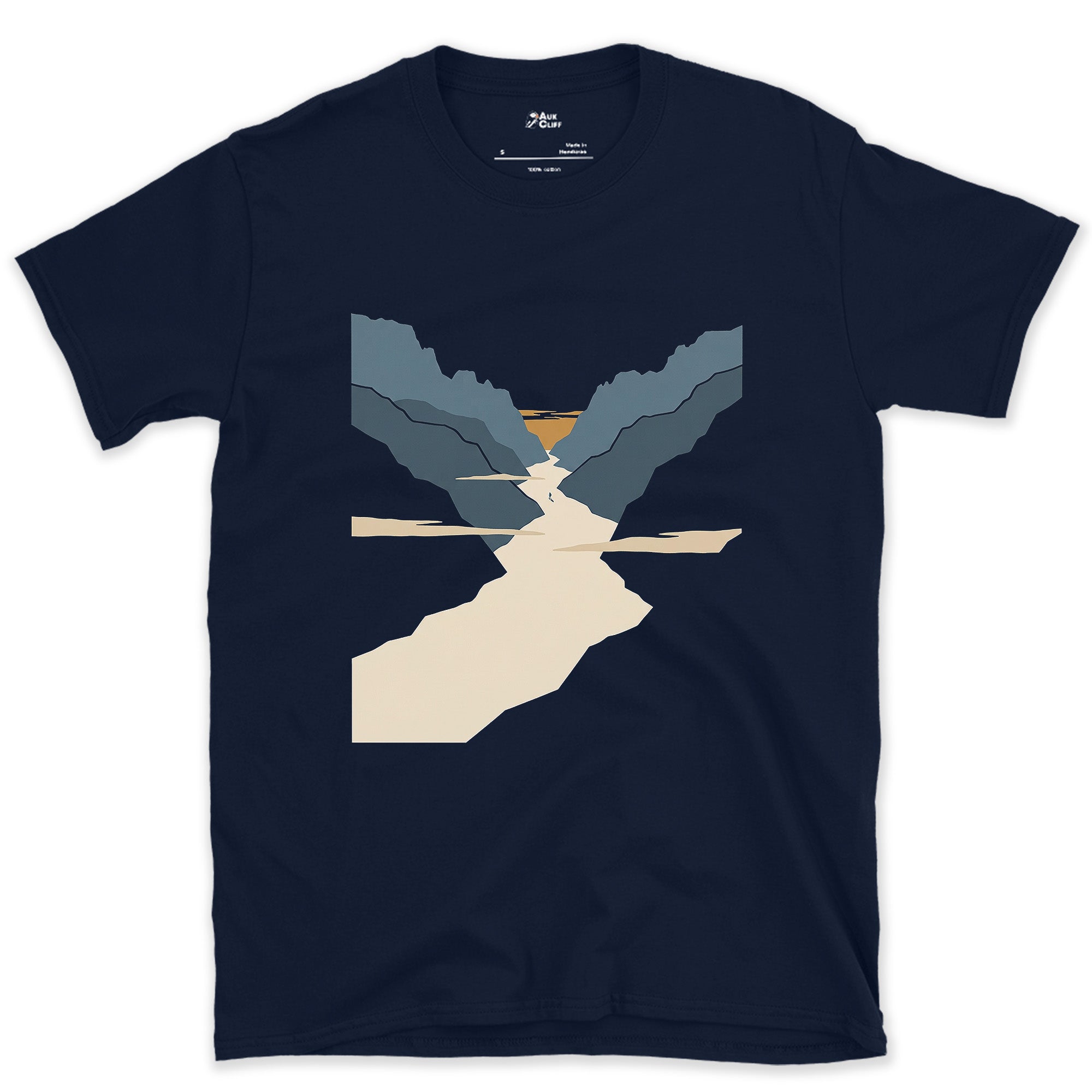 Gold Light Through the Mountain Gap design on a Navy Gildan Softstyle t-shirt