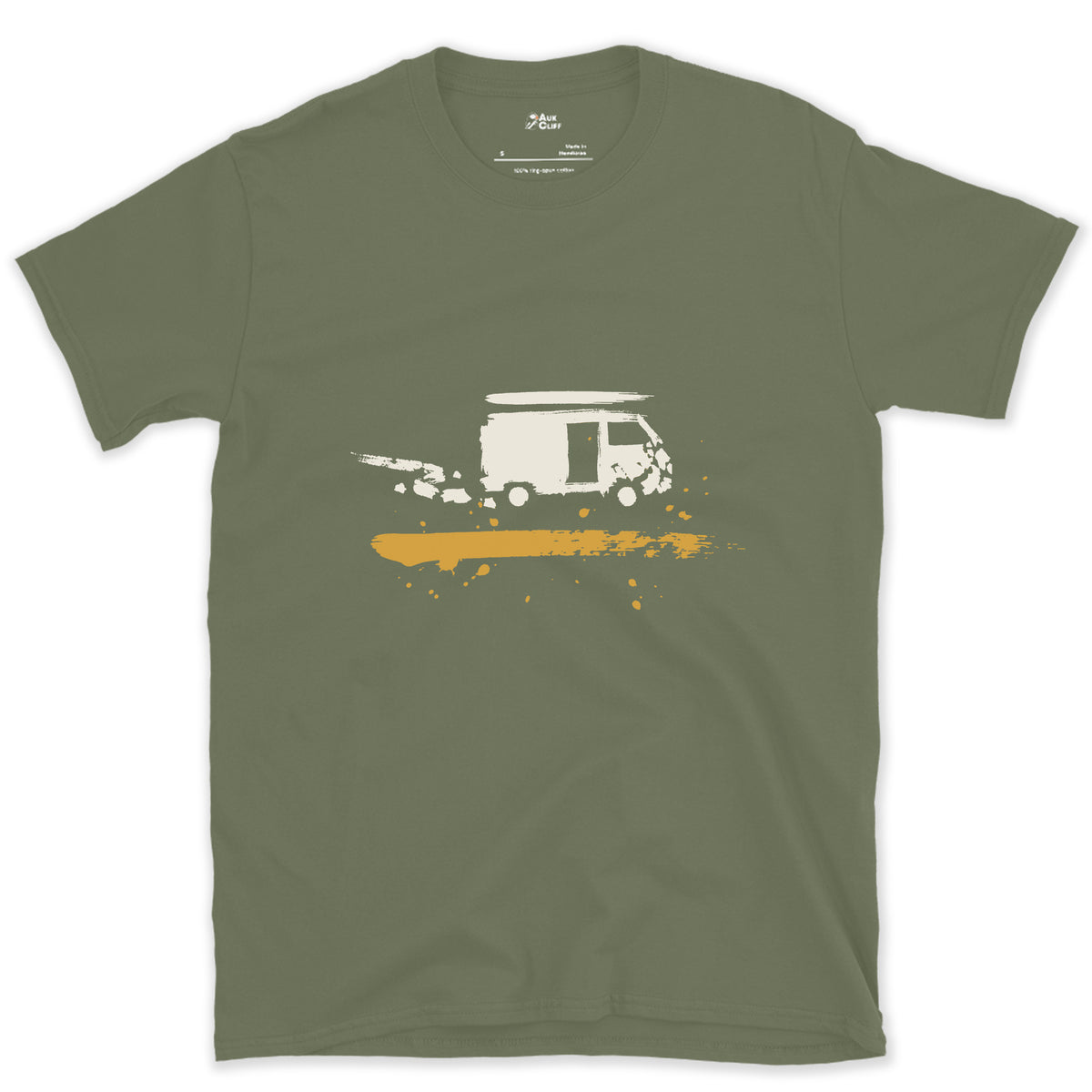 Van, End of the Track design on a Military Green Gildan Softstyle t-shirt