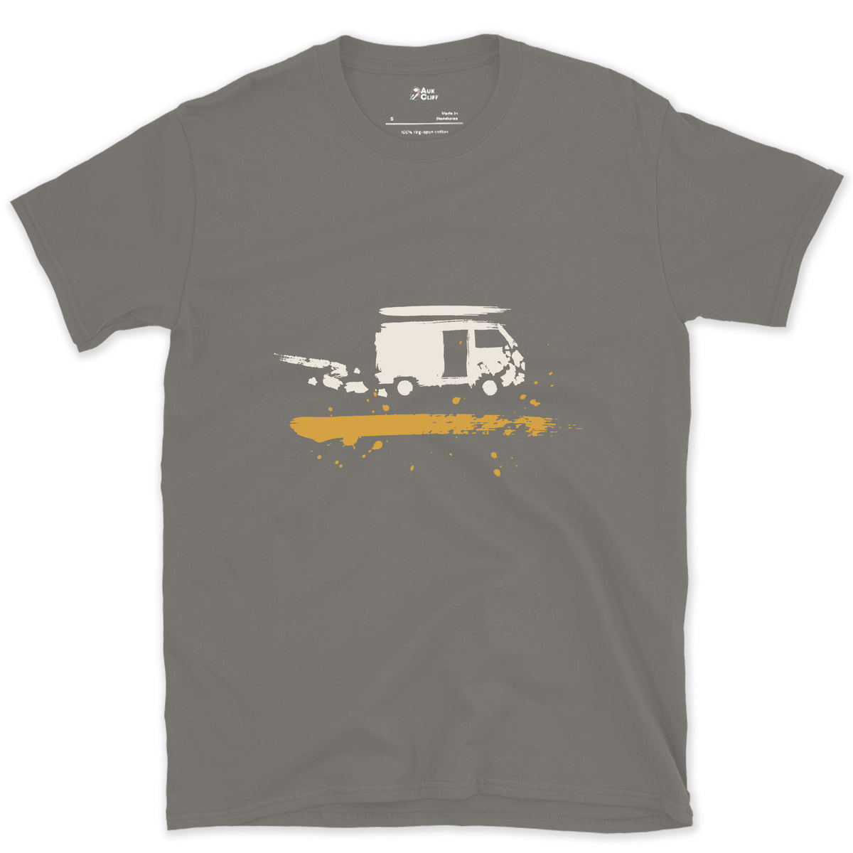 Van, End of the Track design on a Charcoal Gildan Softstyle t-shirt
