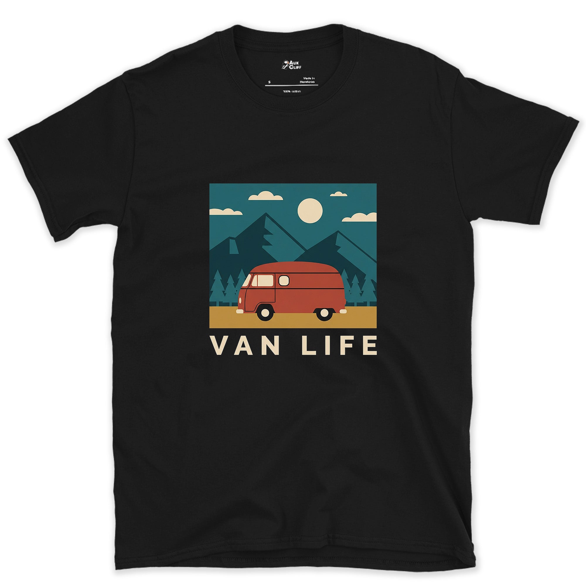 Van Life With Mountains and Pines Behind It design on a Black Gildan Softstyle t-shirt