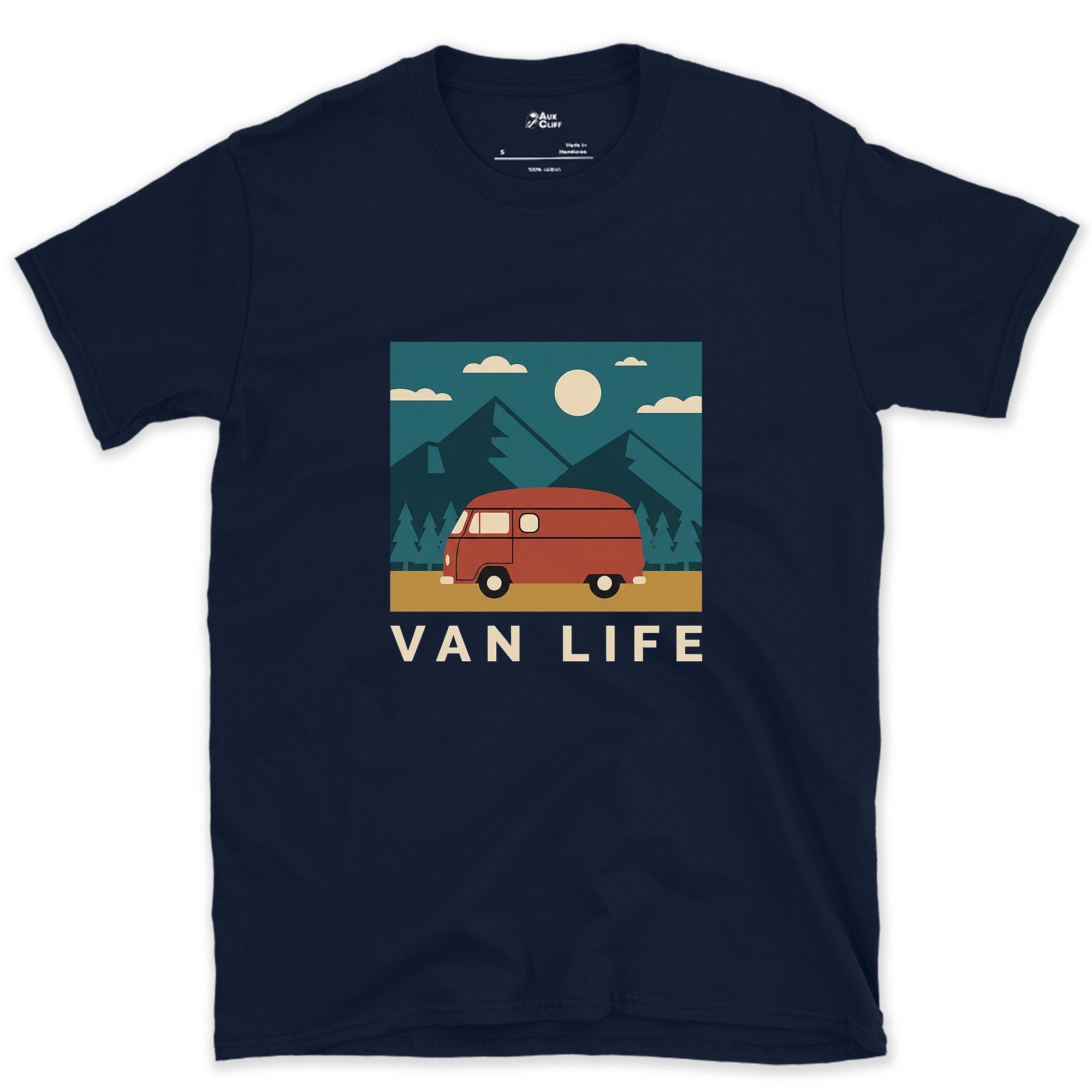 Van Life With Mountains and Pines Behind It design on a Navy Gildan Softstyle t-shirt