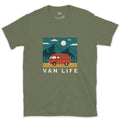 Van Life With Mountains and Pines Behind It design on a Military Green Gildan Softstyle t-shirt