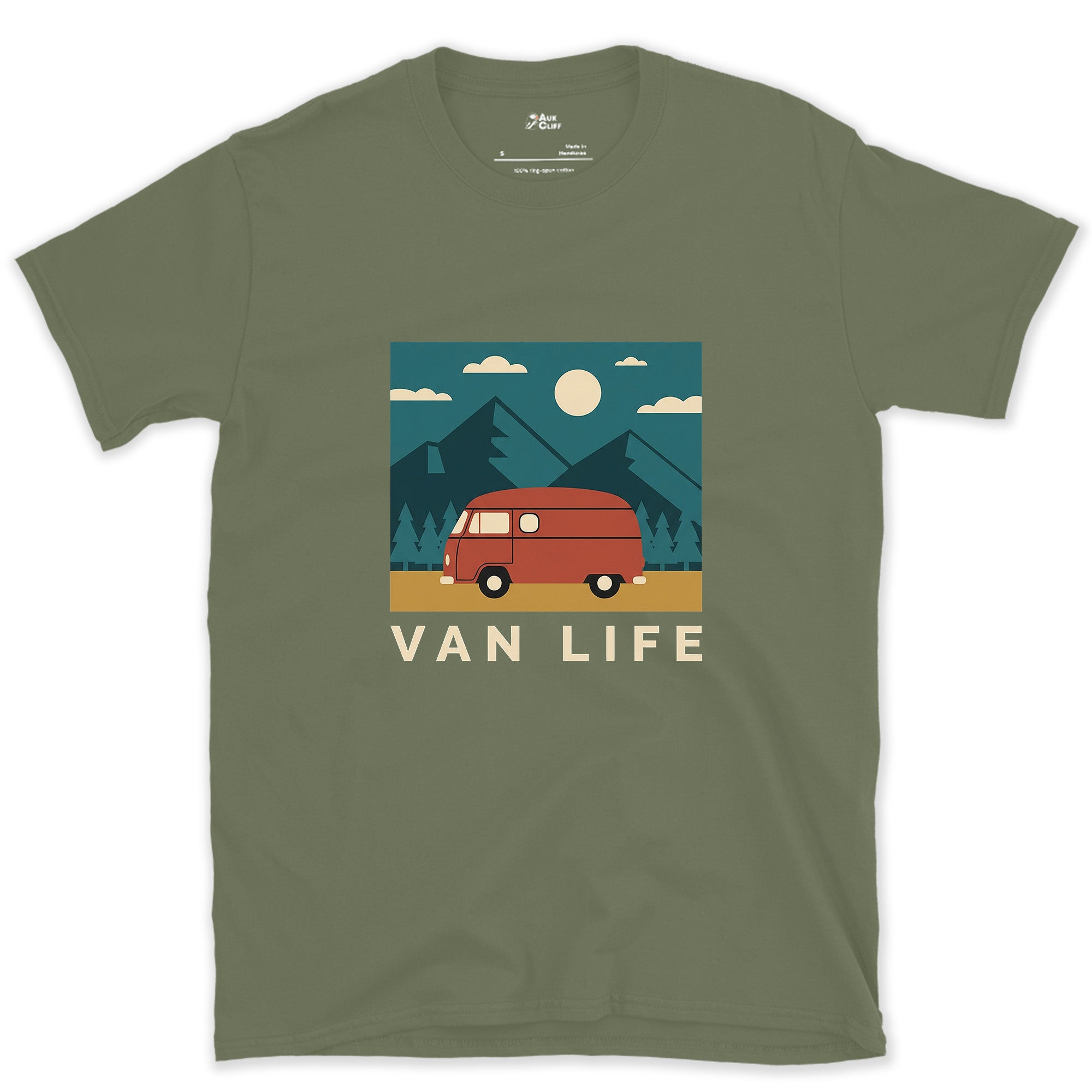 Van Life With Mountains and Pines Behind It design on a Military Green Gildan Softstyle t-shirt