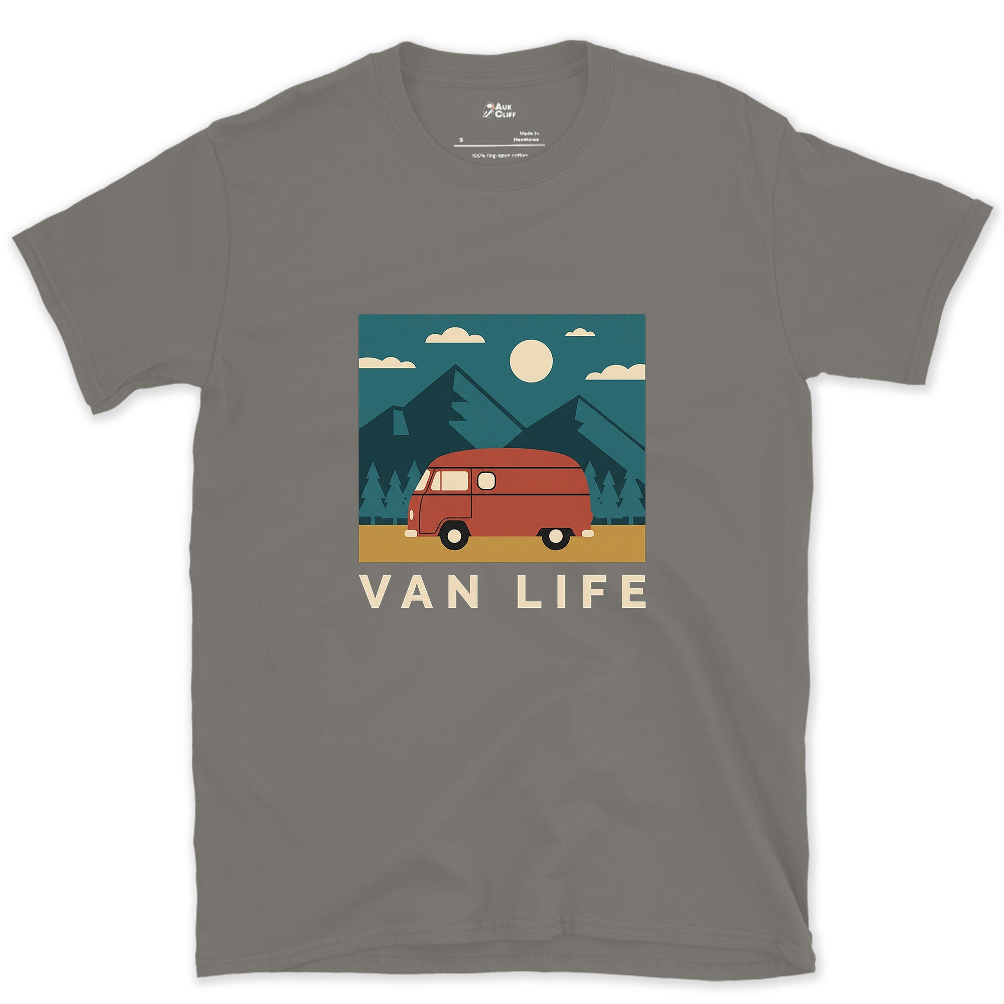 Van Life With Mountains and Pines Behind It design on a Charcoal Gildan Softstyle t-shirt