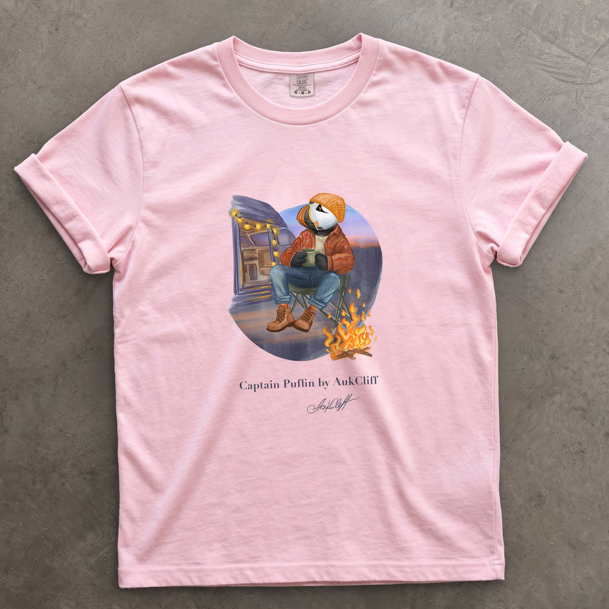 Captain Puffin Van Life Campfire on a Blossom Comfort Colors t-shirt