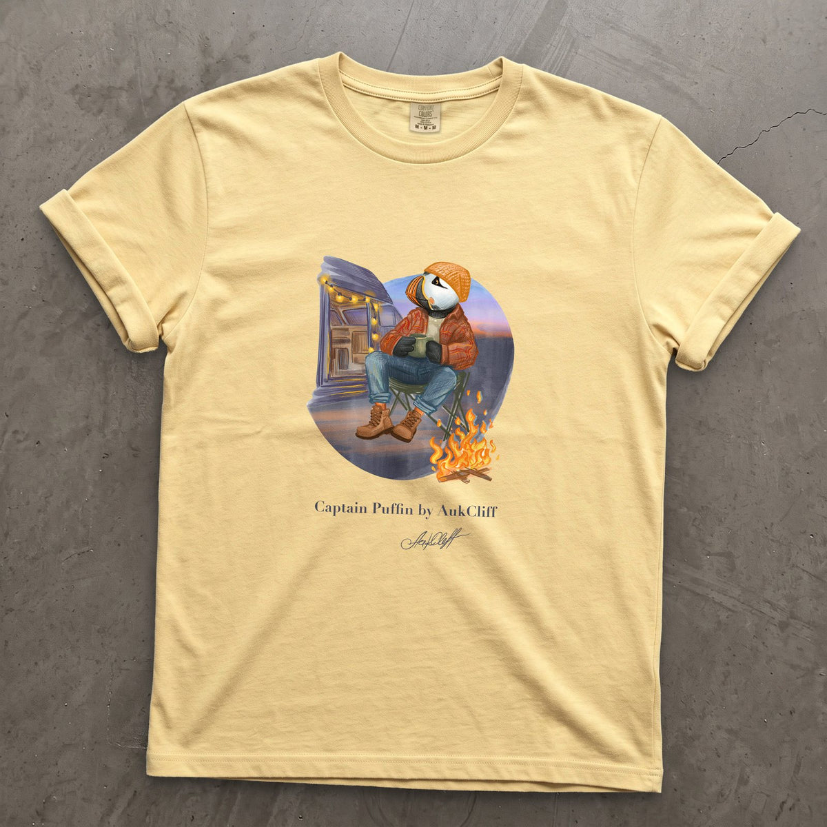 Captain Puffin Van Life Campfire on a Butter Comfort Colors t-shirt