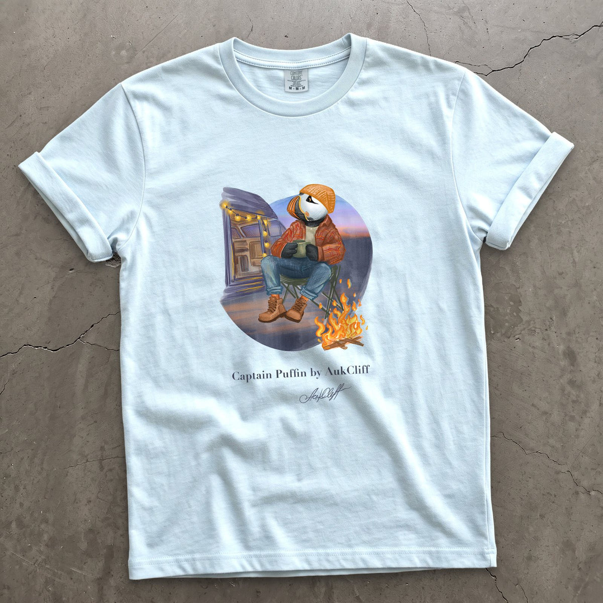 Captain Puffin Van Life Campfire on a Chambray Comfort Colors t-shirt