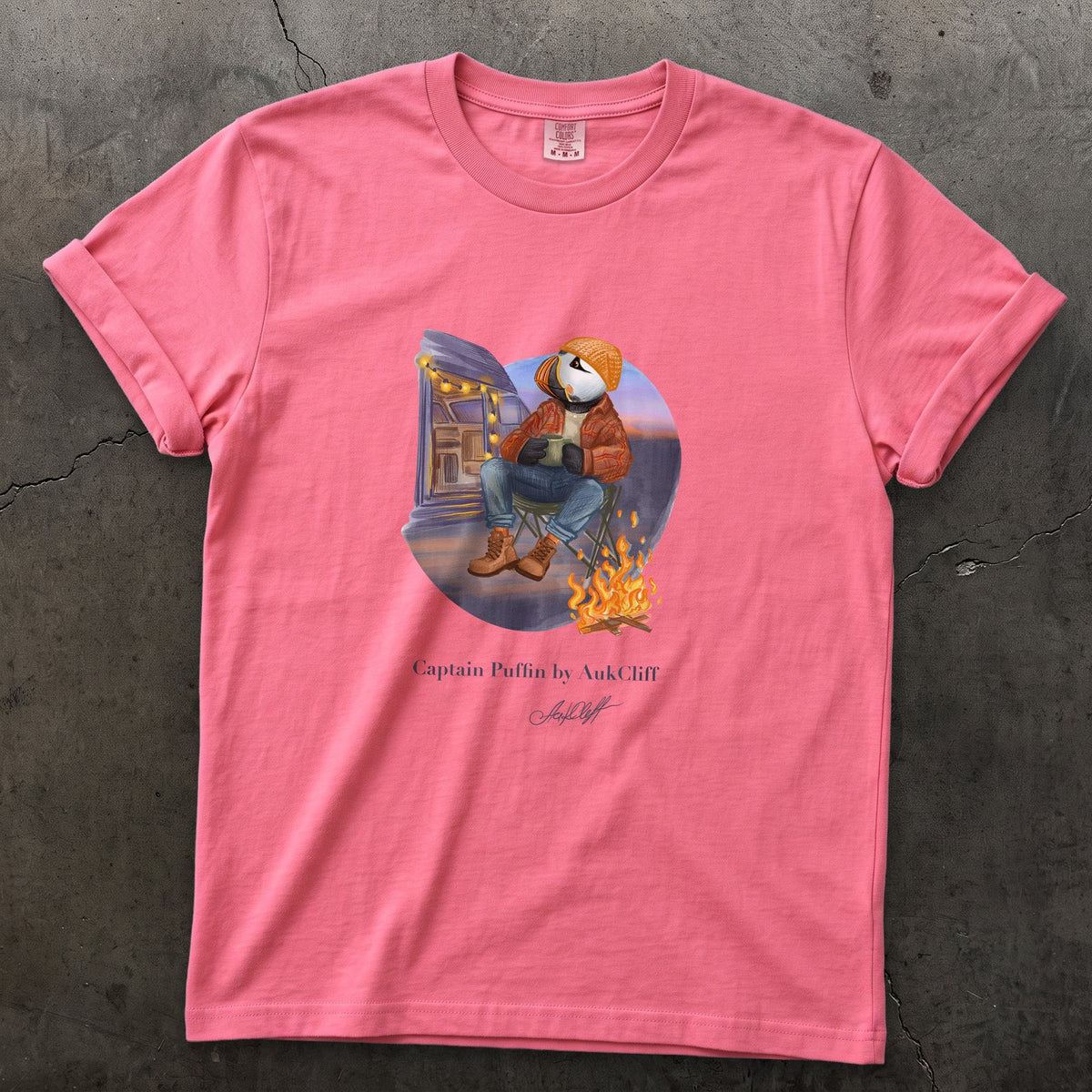 Captain Puffin Van Life Campfire on a Crunchberry Comfort Colors t-shirt