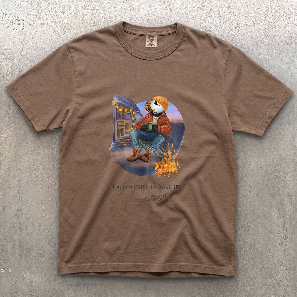 Captain Puffin Van Life Campfire on a Espresso Comfort Colors t-shirt