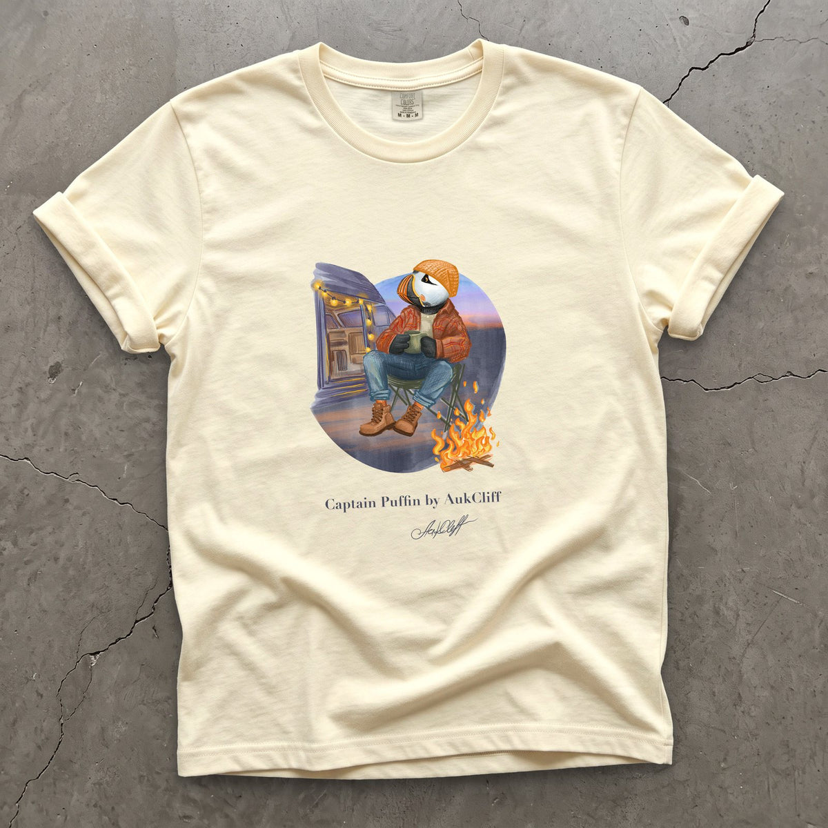 Captain Puffin Van Life Campfire on a Ivory Comfort Colors t-shirt