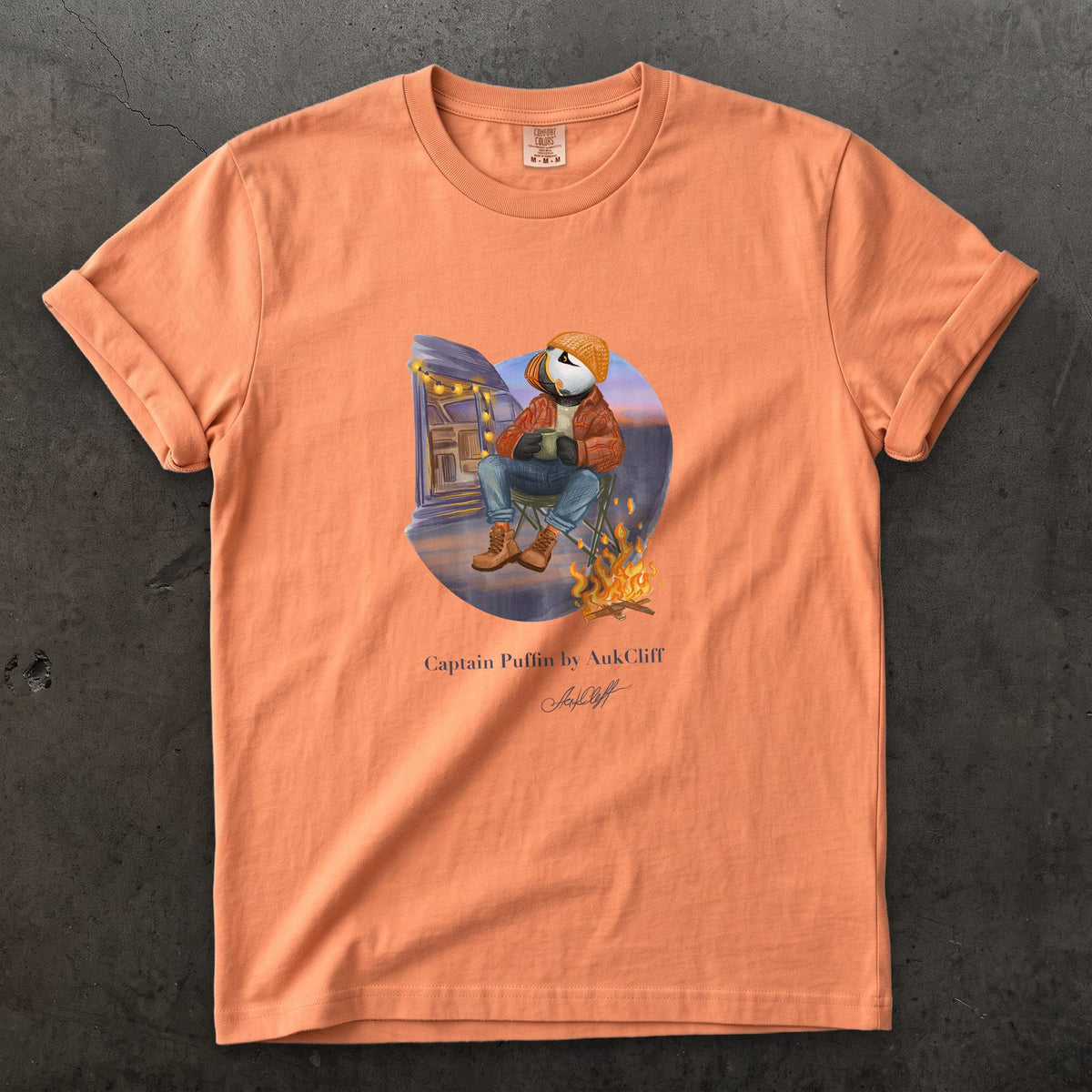 Captain Puffin Van Life Campfire on a Terracotta Comfort Colors t-shirt