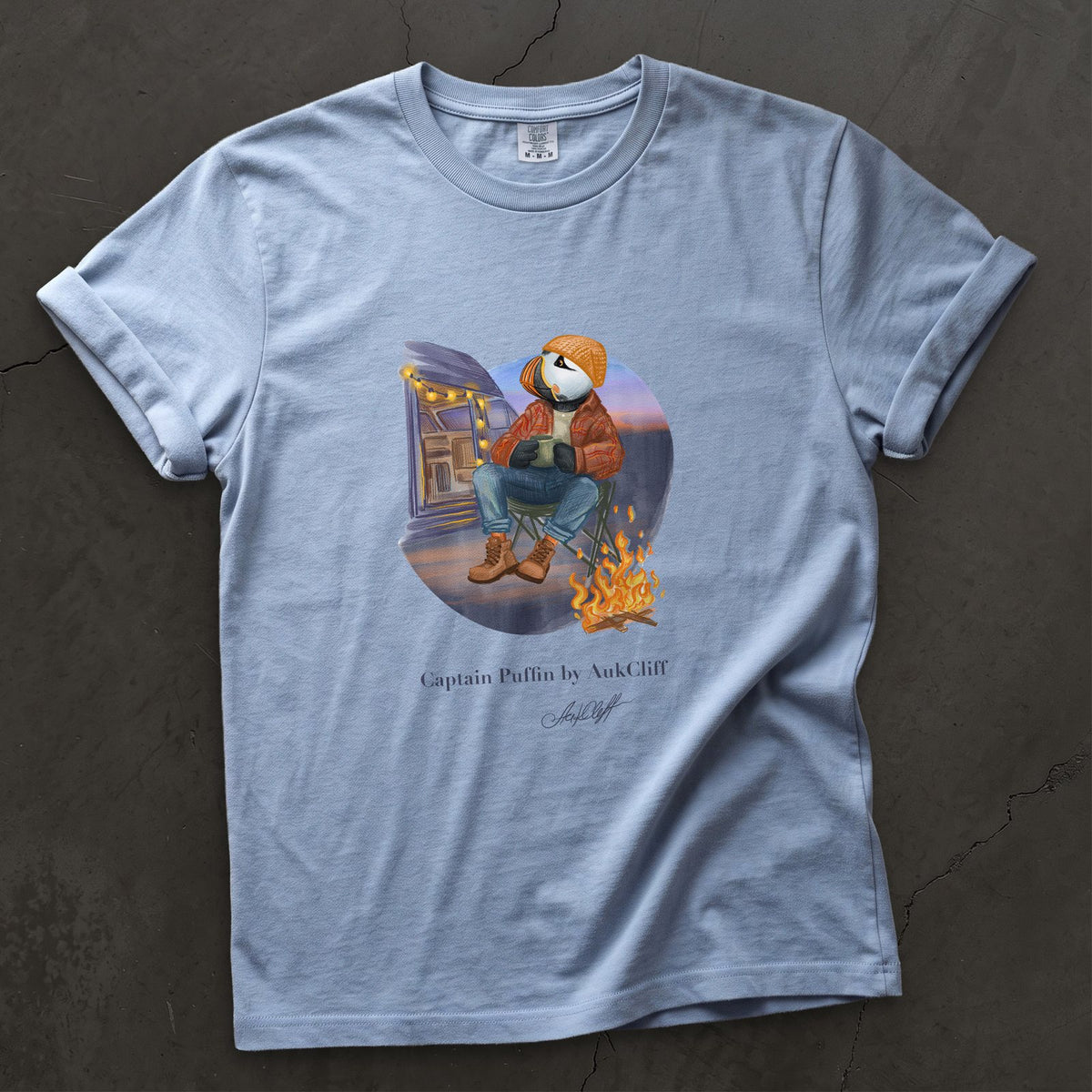 Captain Puffin Van Life Campfire on a Washed Denim Comfort Colors t-shirt