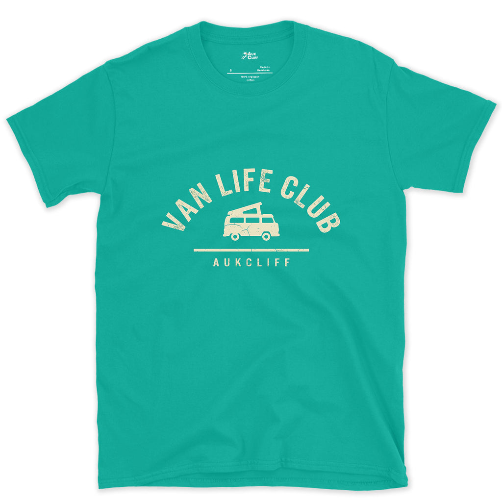Van Life Club Arch Badge, Van at the Centre design on a Jade Dome Gildan Softstyle t-shirt