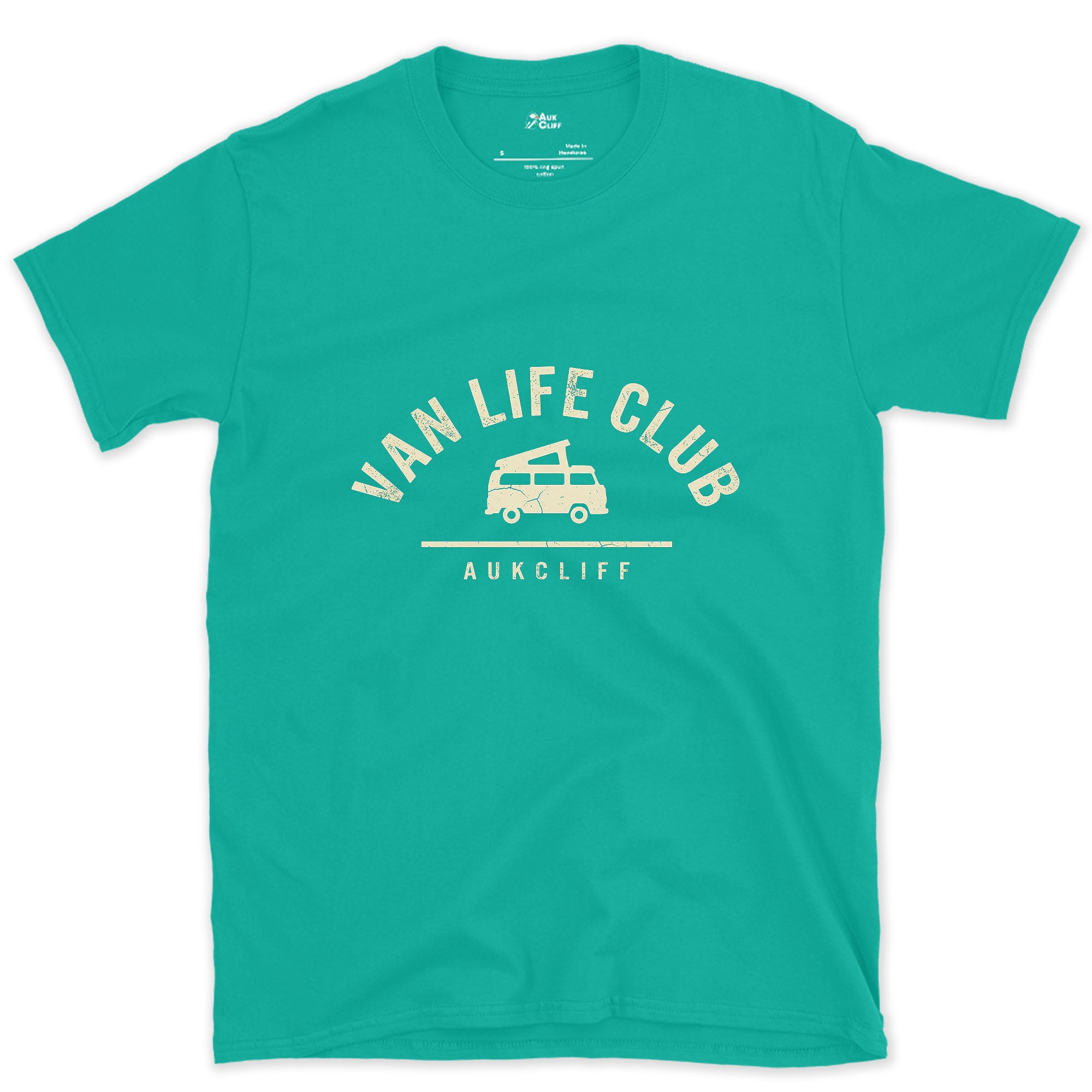 Van Life Club Arch Badge, Van at the Centre design on a Jade Dome Gildan Softstyle t-shirt