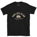 Van Life Club Arch Badge, Van at the Centre design on a Black Gildan Softstyle t-shirt