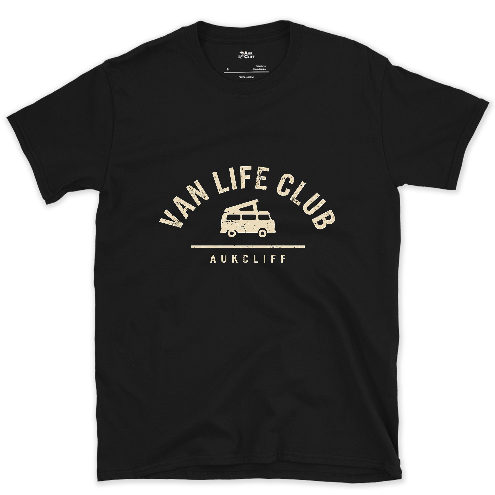 Van Life Club Arch Badge, Van at the Centre design on a Black Gildan Softstyle t-shirt
