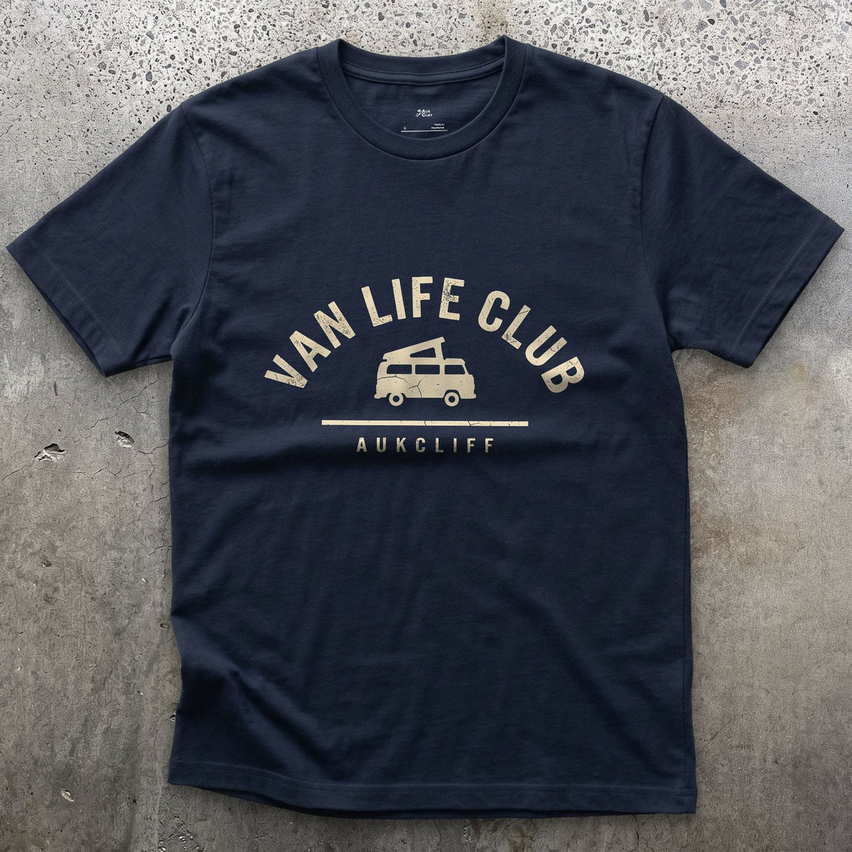 Van Life Club Arch Badge, Van at the Centre design on a Navy Gildan Softstyle t-shirt