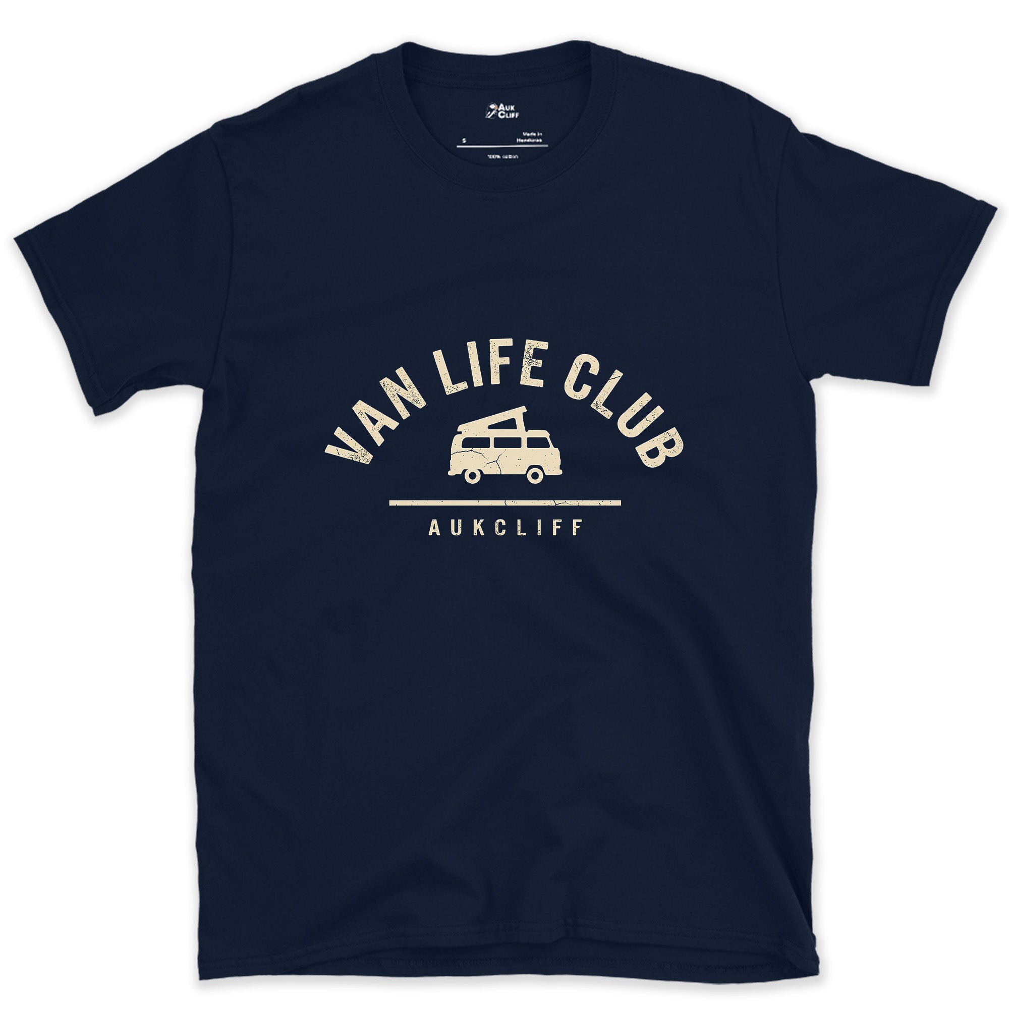 Van Life Club Arch Badge, Van at the Centre design on a Navy Gildan Softstyle t-shirt