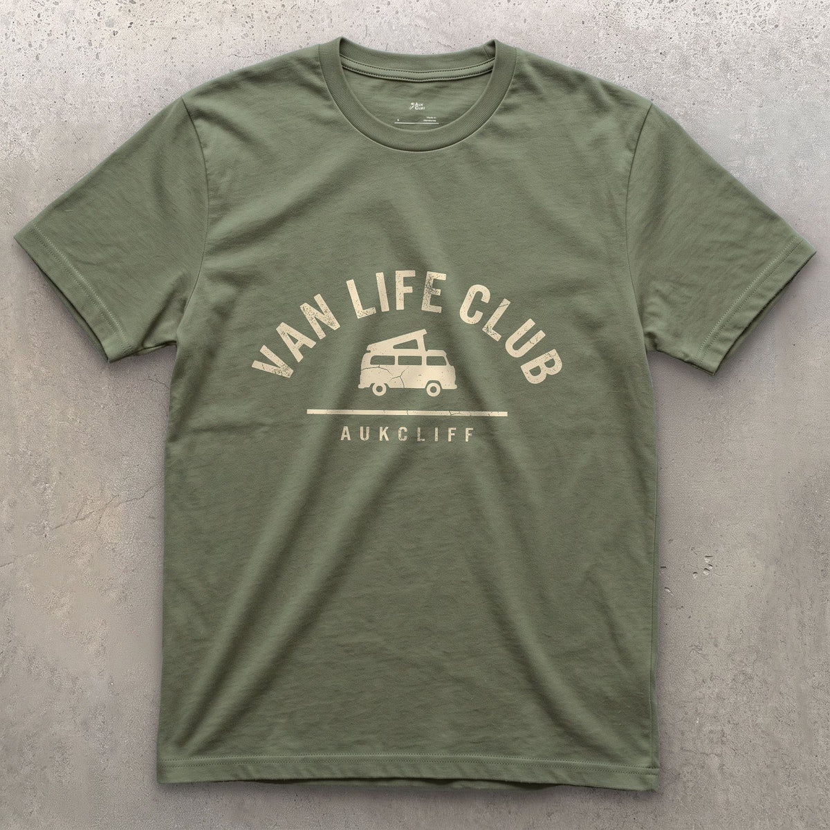 Van Life Club Arch Badge, Van at the Centre design on a Military Green Gildan Softstyle t-shirt