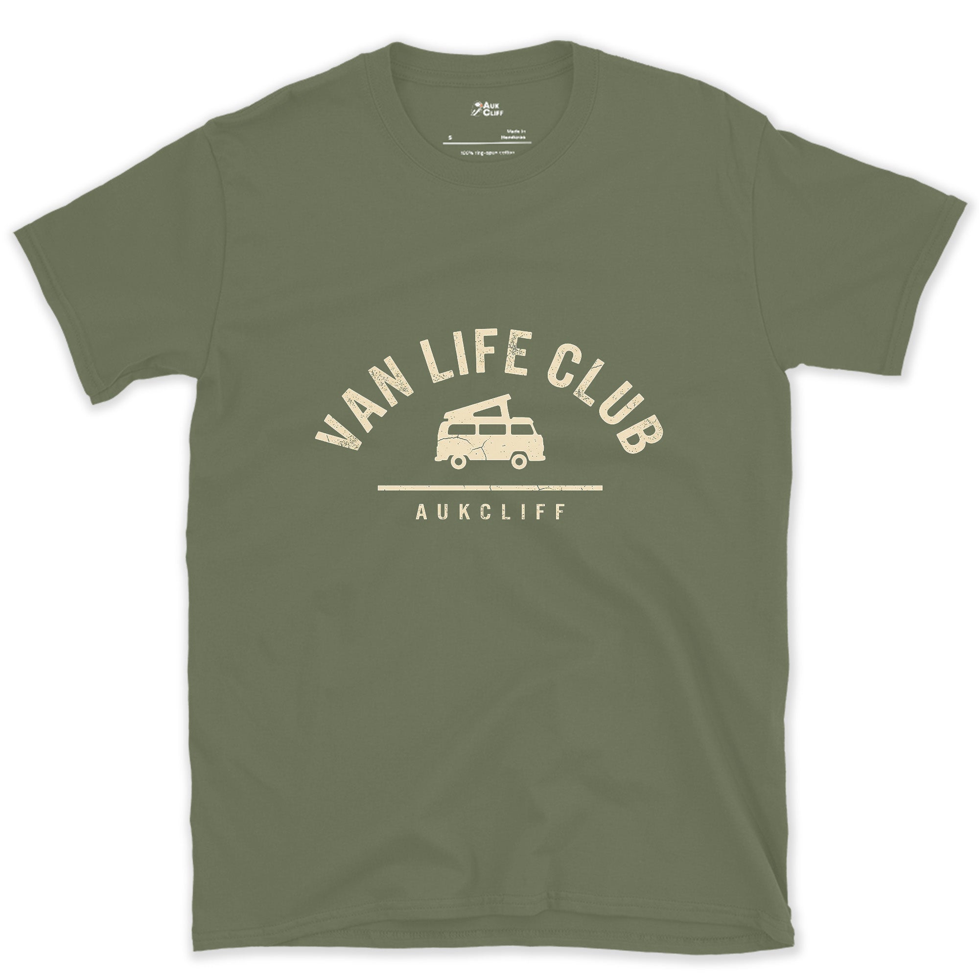 Van Life Club Arch Badge, Van at the Centre design on a Military Green Gildan Softstyle t-shirt