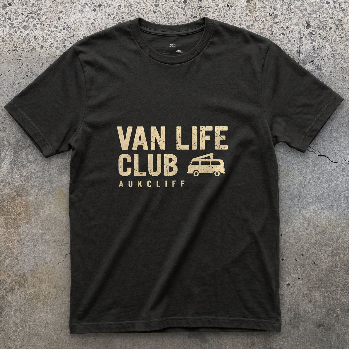 Van Life Club Flush Left for a Corner design on a Black Gildan Softstyle t-shirt
