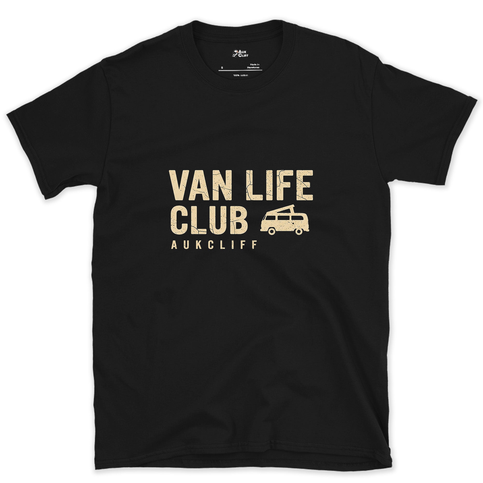 Van Life Club Flush Left for a Corner design on a Black Gildan Softstyle t-shirt