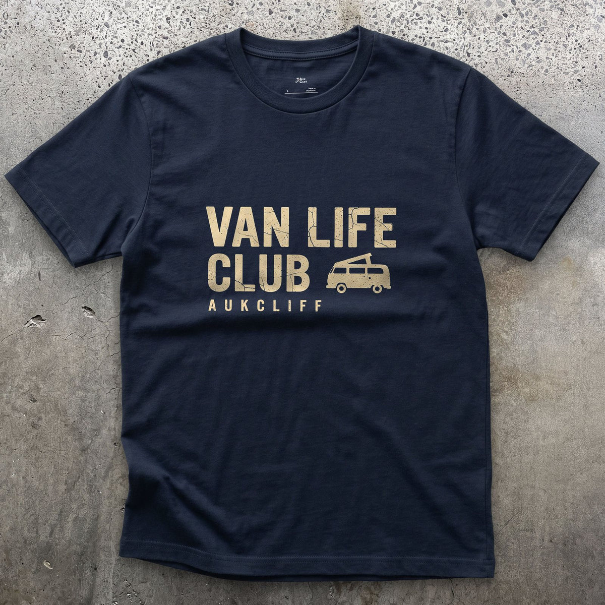 Van Life Club Flush Left for a Corner design on a Navy Gildan Softstyle t-shirt