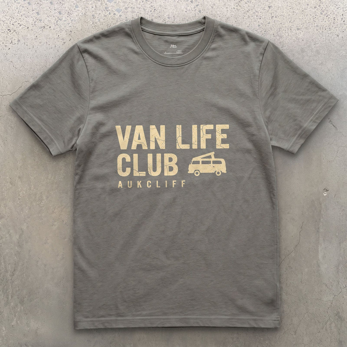 Van Life Club Flush Left for a Corner design on a Charcoal Gildan Softstyle t-shirt