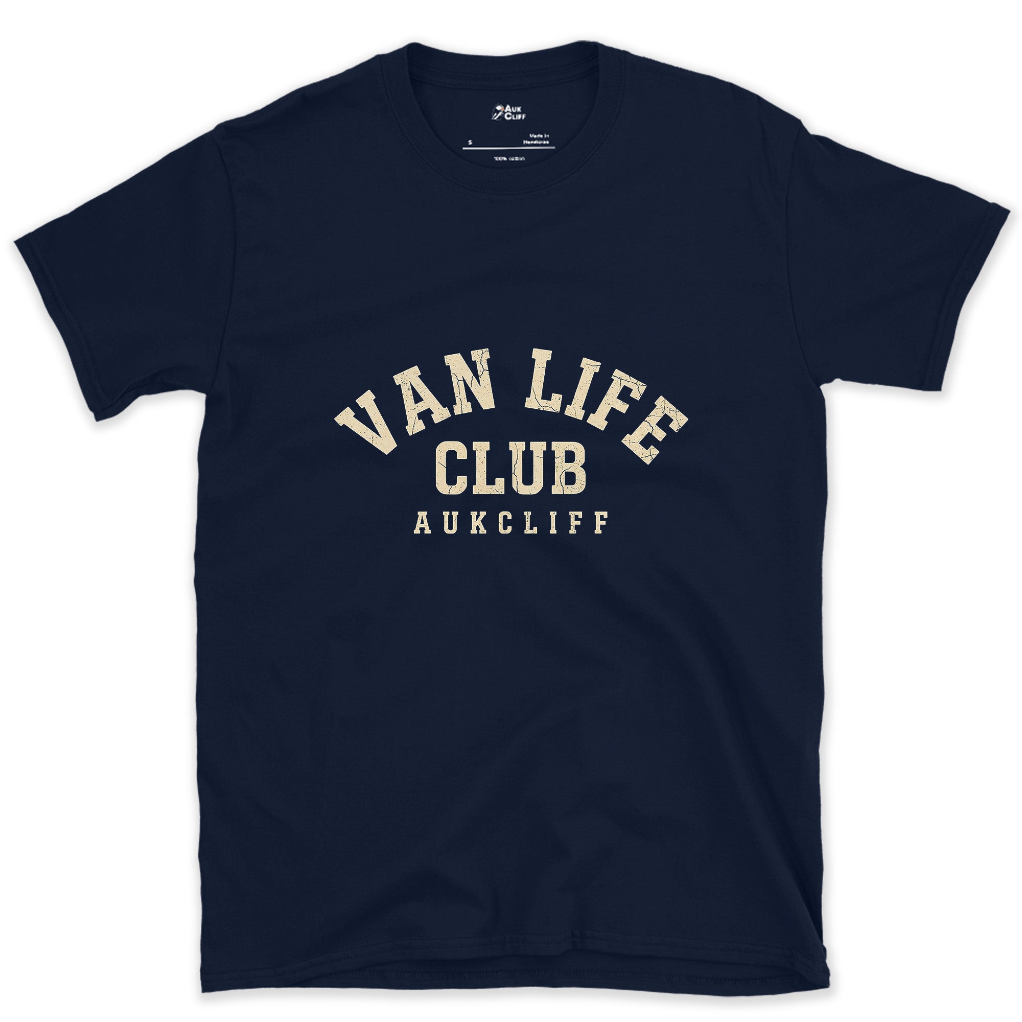 Van Life Club, Nothing But the Lettering Itself design on a Navy Gildan Softstyle t-shirt