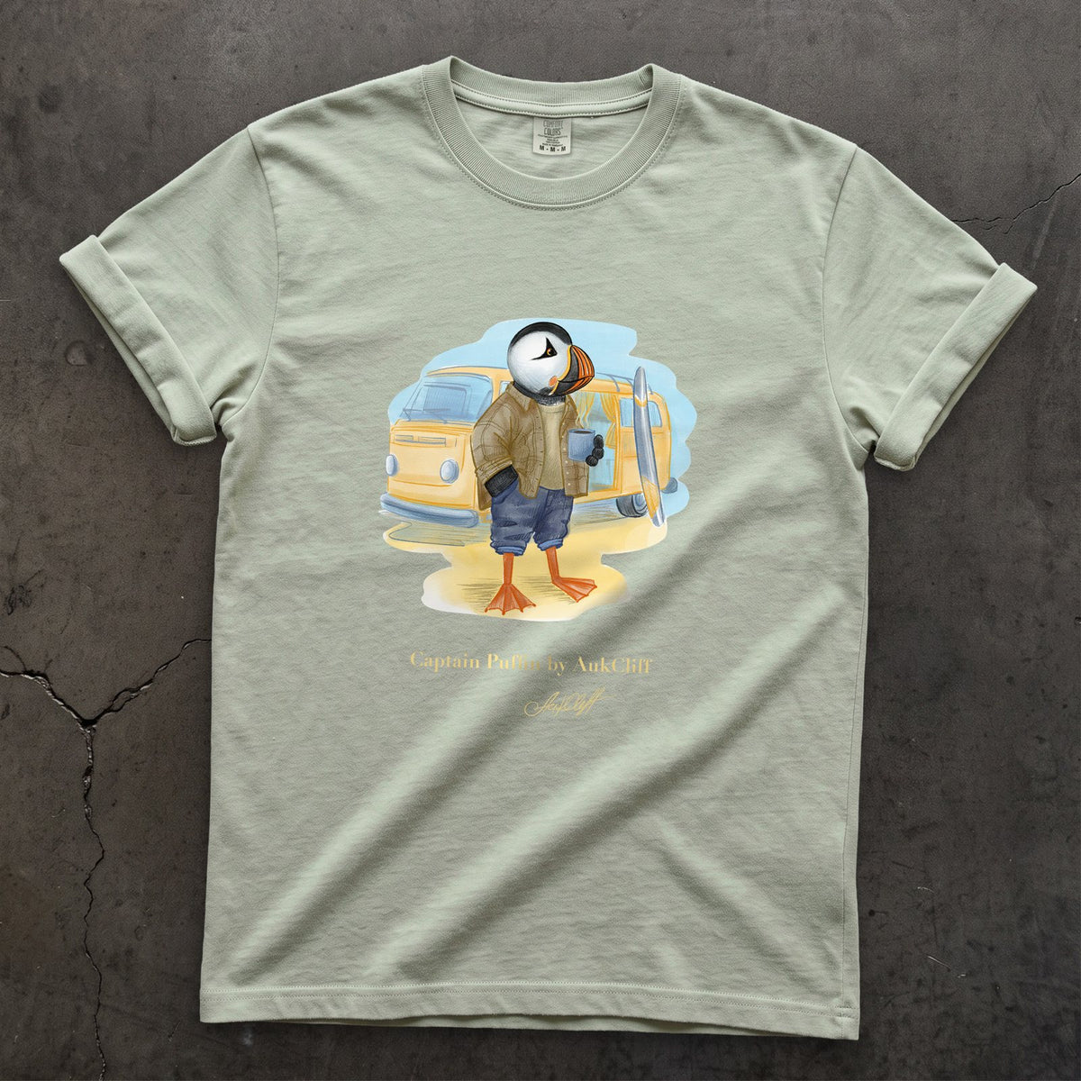 Captain Puffin Van Life Surfer on a Bay Comfort Colors t-shirt