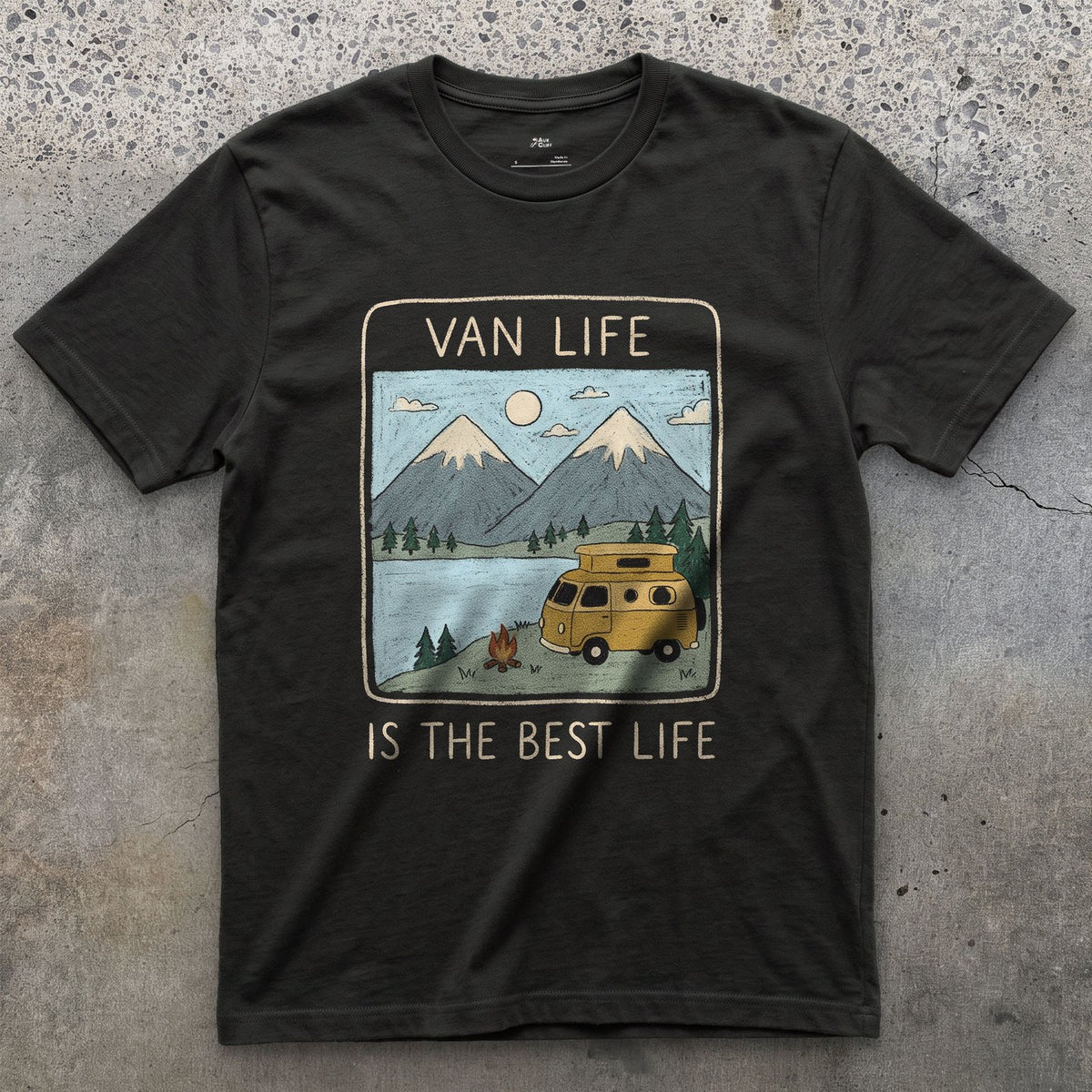 Campfire at the Lake, Van Life Is the Best Life design on a Black Gildan Softstyle t-shirt