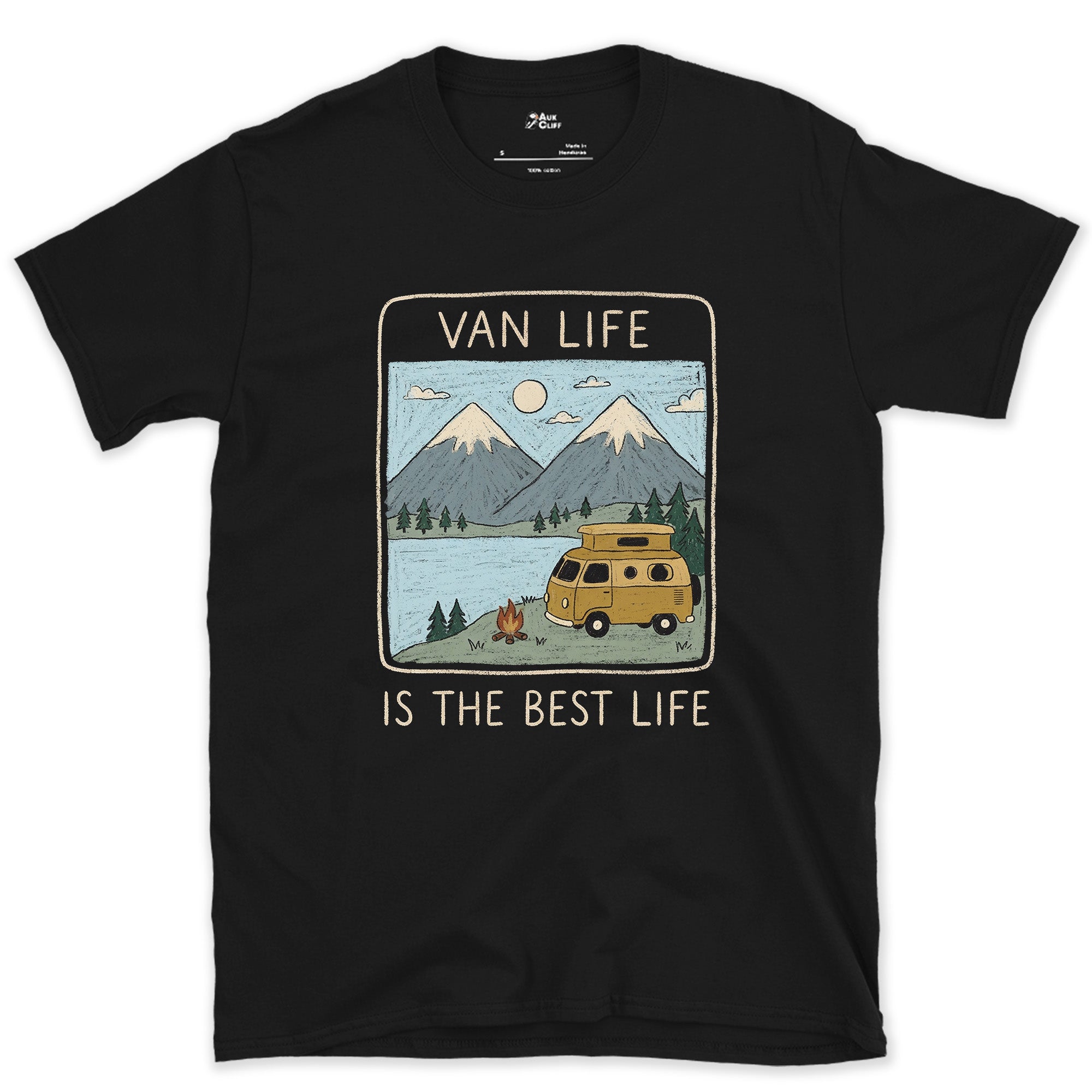 Campfire at the Lake, Van Life Is the Best Life design on a Black Gildan Softstyle t-shirt