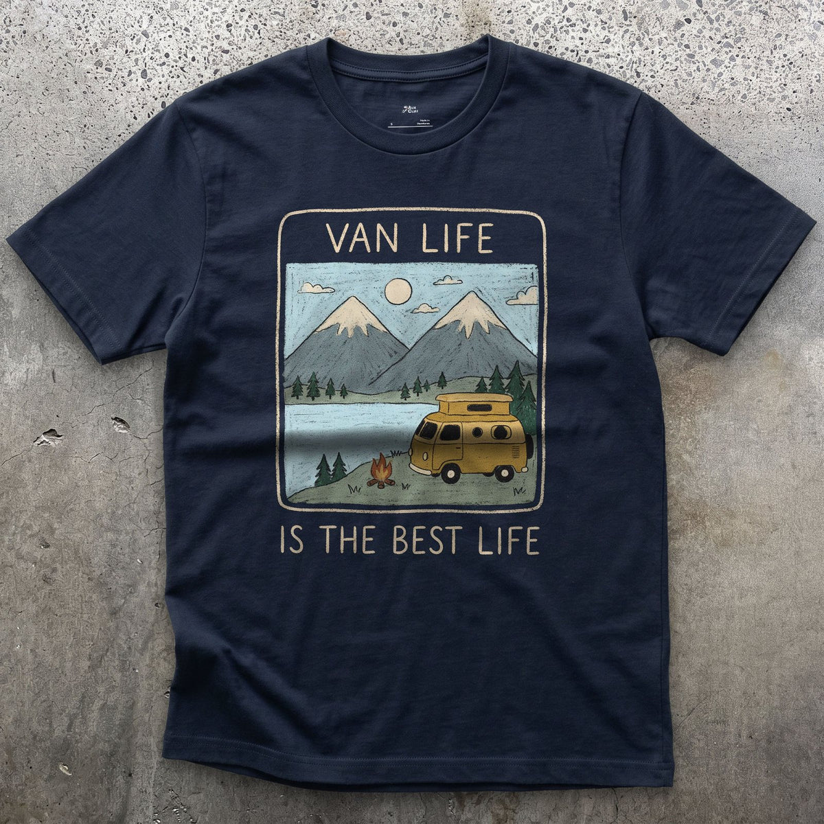 Campfire at the Lake, Van Life Is the Best Life design on a Navy Gildan Softstyle t-shirt