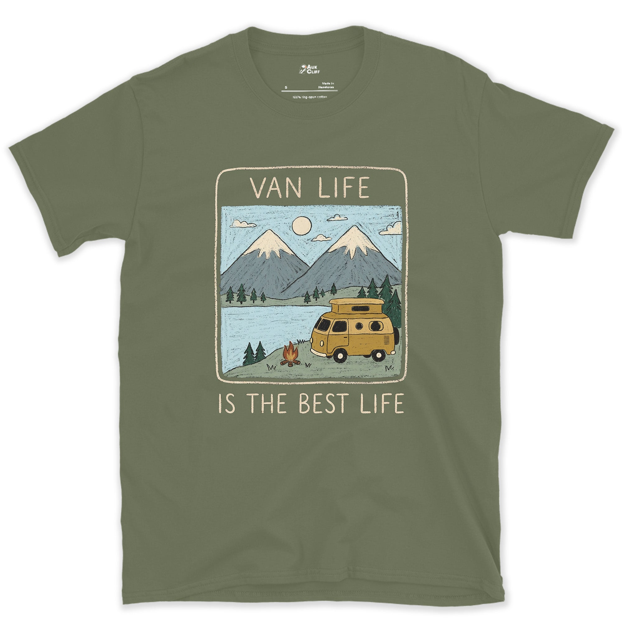 Campfire at the Lake, Van Life Is the Best Life design on a Military Green Gildan Softstyle t-shirt