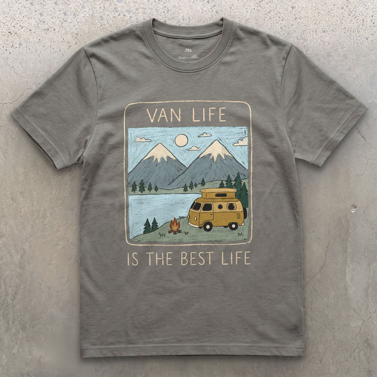 Campfire at the Lake, Van Life Is the Best Life design on a Charcoal Gildan Softstyle t-shirt