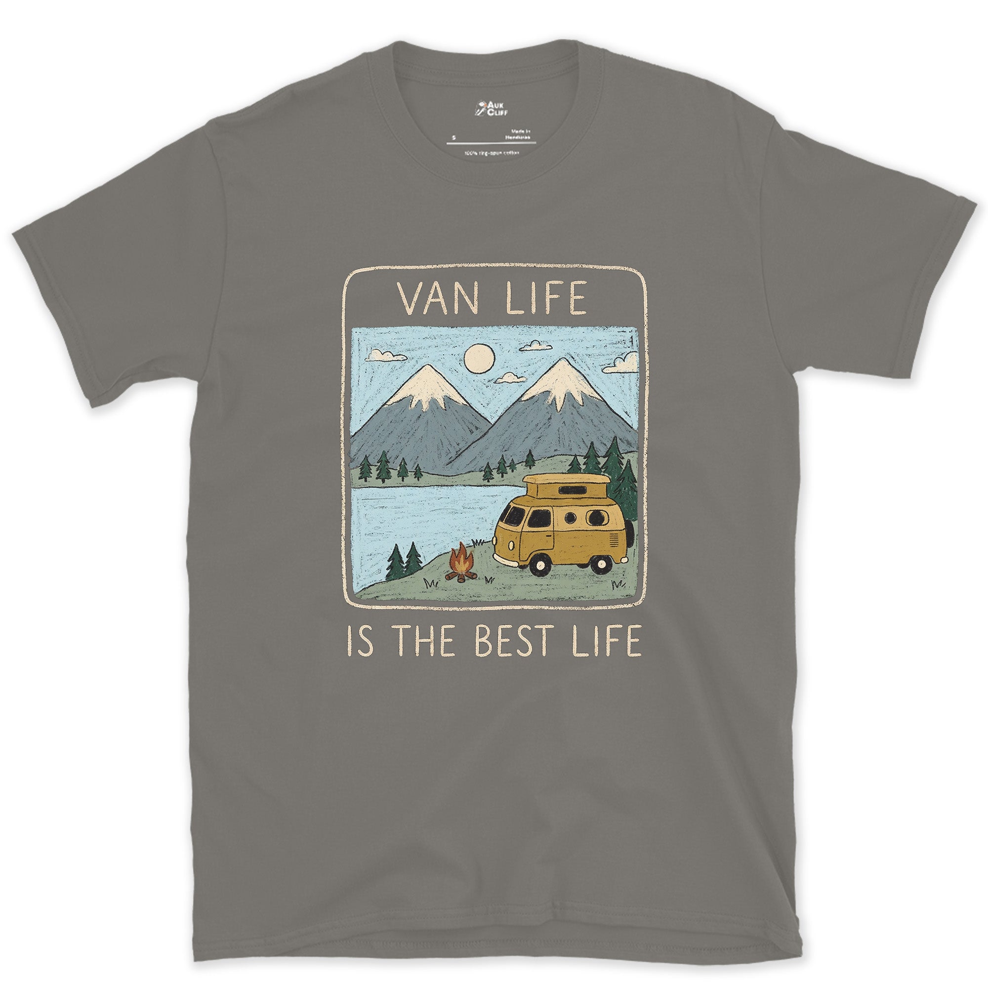 Campfire at the Lake, Van Life Is the Best Life design on a Charcoal Gildan Softstyle t-shirt