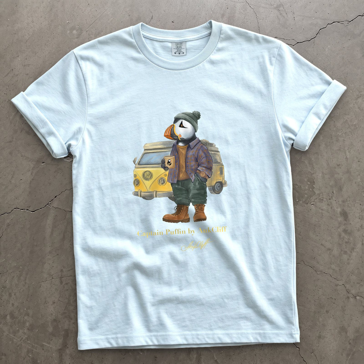 Captain Puffin Van Life on a Chambray Comfort Colors t-shirt
