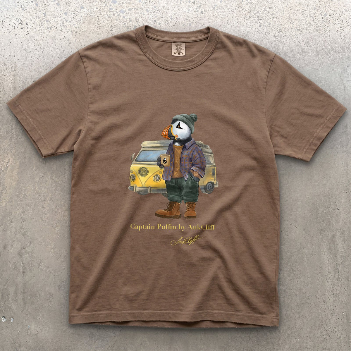 Captain Puffin Van Life on a Espresso Comfort Colors t-shirt