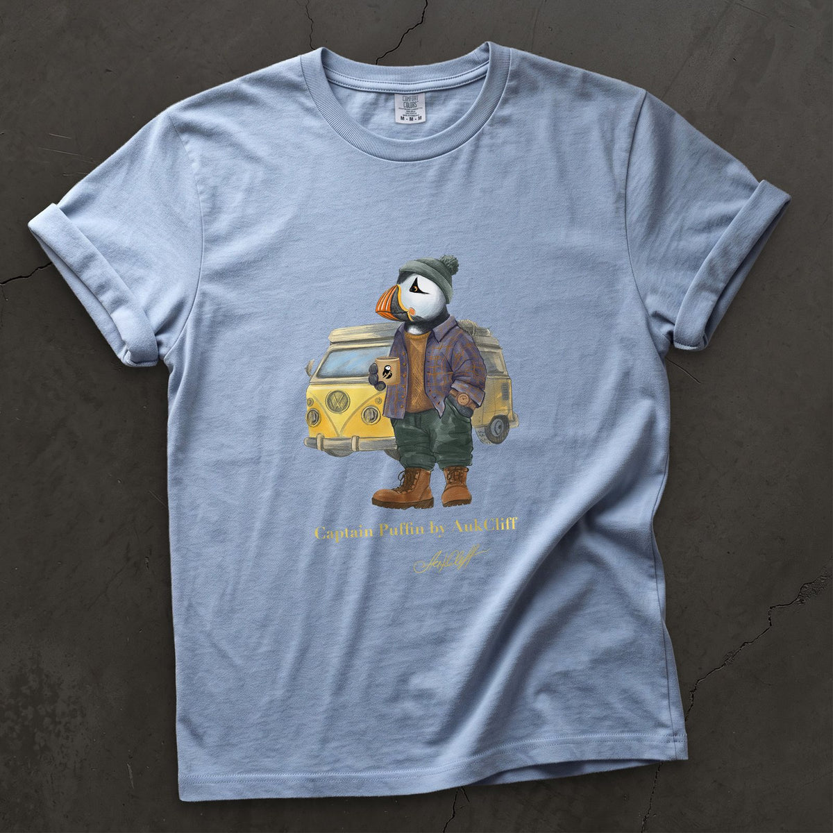 Captain Puffin Van Life on a Washed Denim Comfort Colors t-shirt