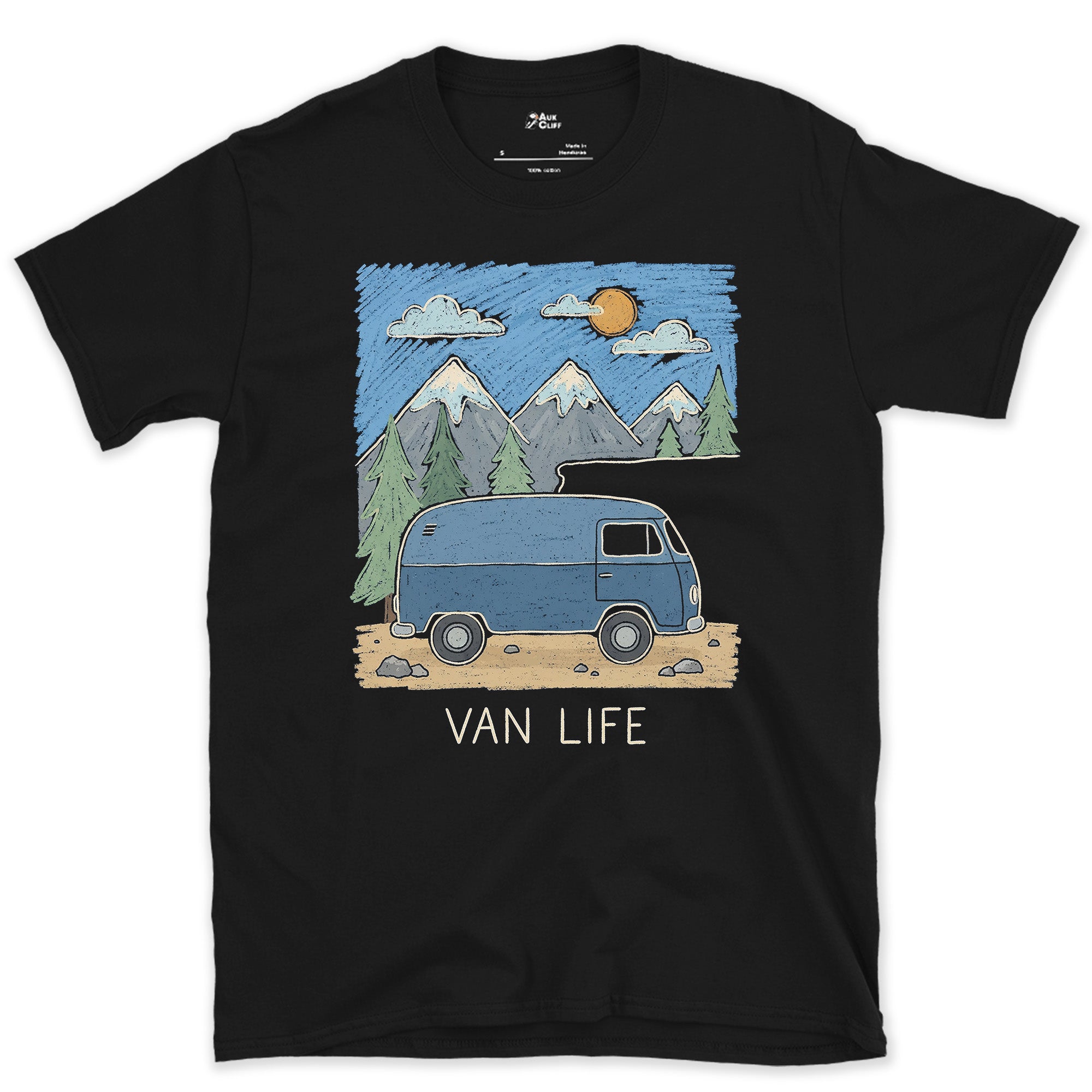 Van Life With Clouds Rolling Over the Range design on a Black Gildan Softstyle t-shirt