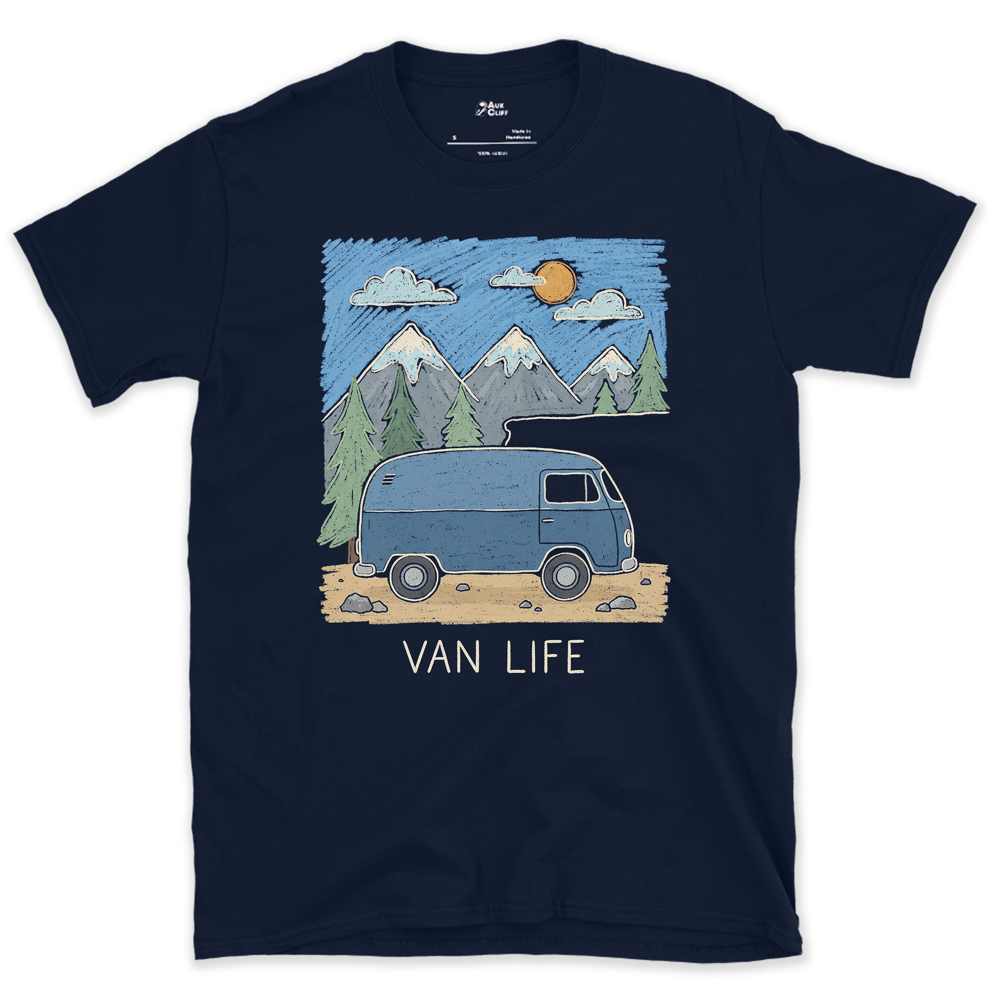 Van Life With Clouds Rolling Over the Range design on a Navy Gildan Softstyle t-shirt