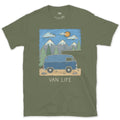 Van Life With Clouds Rolling Over the Range design on a Military Green Gildan Softstyle t-shirt