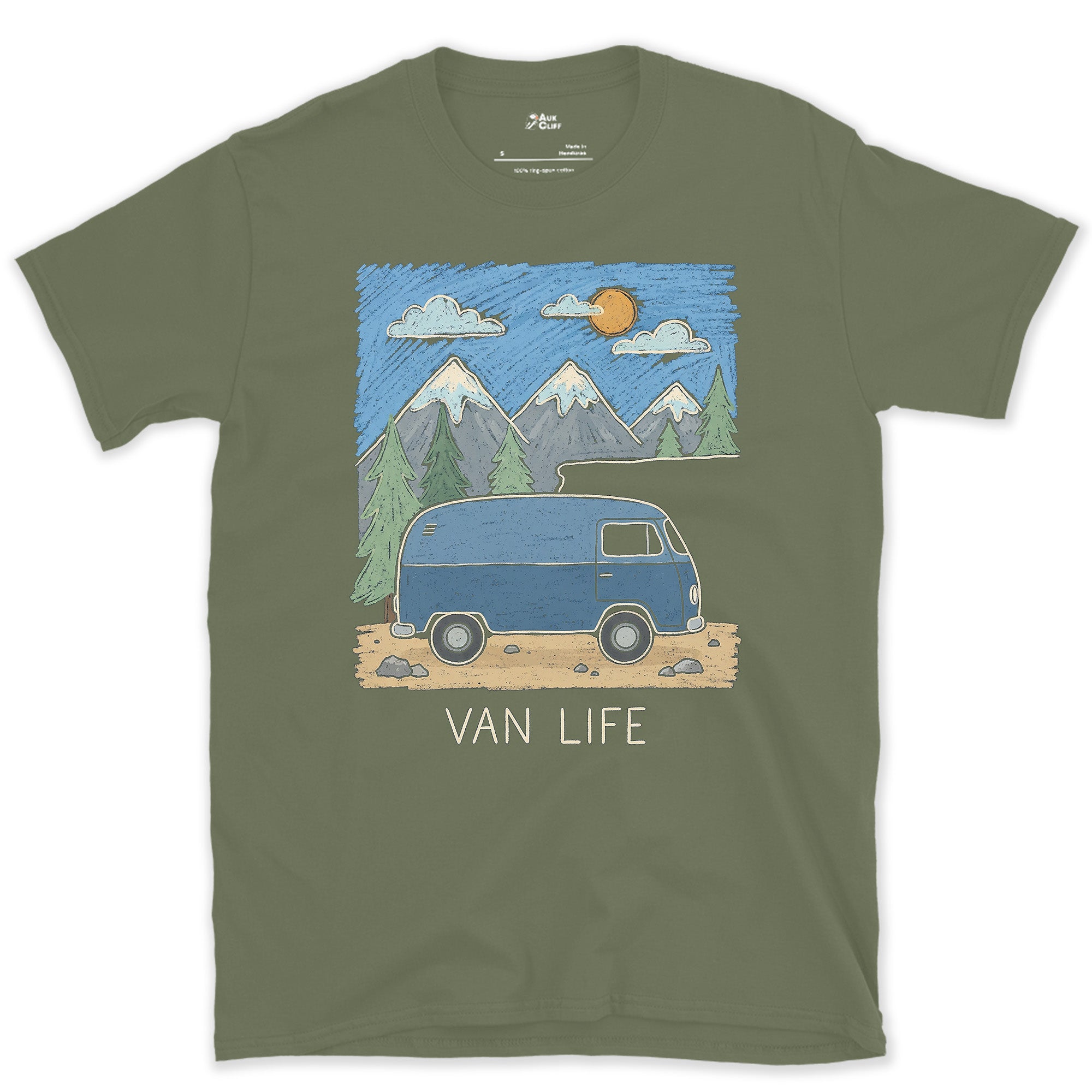 Van Life With Clouds Rolling Over the Range design on a Military Green Gildan Softstyle t-shirt