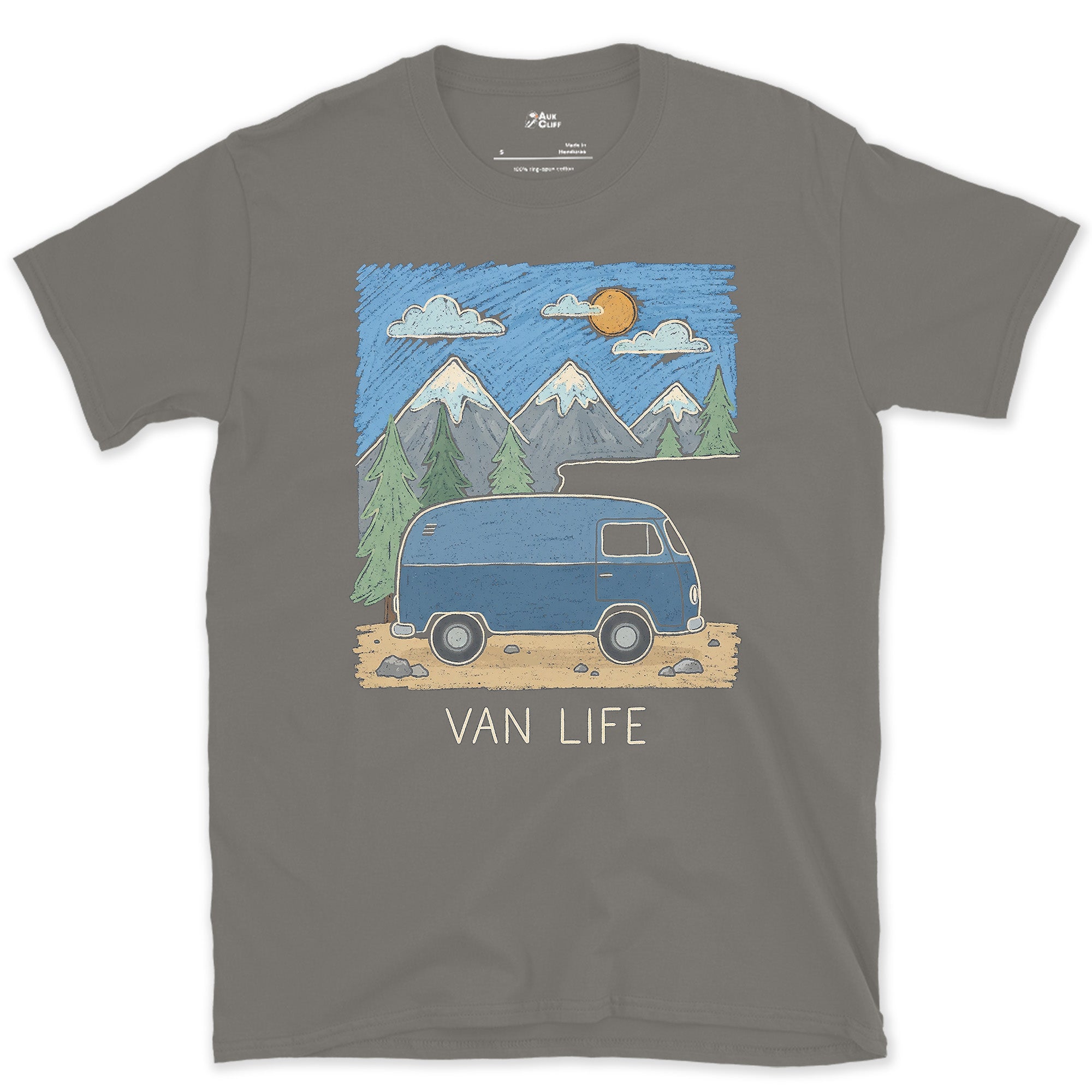 Van Life With Clouds Rolling Over the Range design on a Charcoal Gildan Softstyle t-shirt