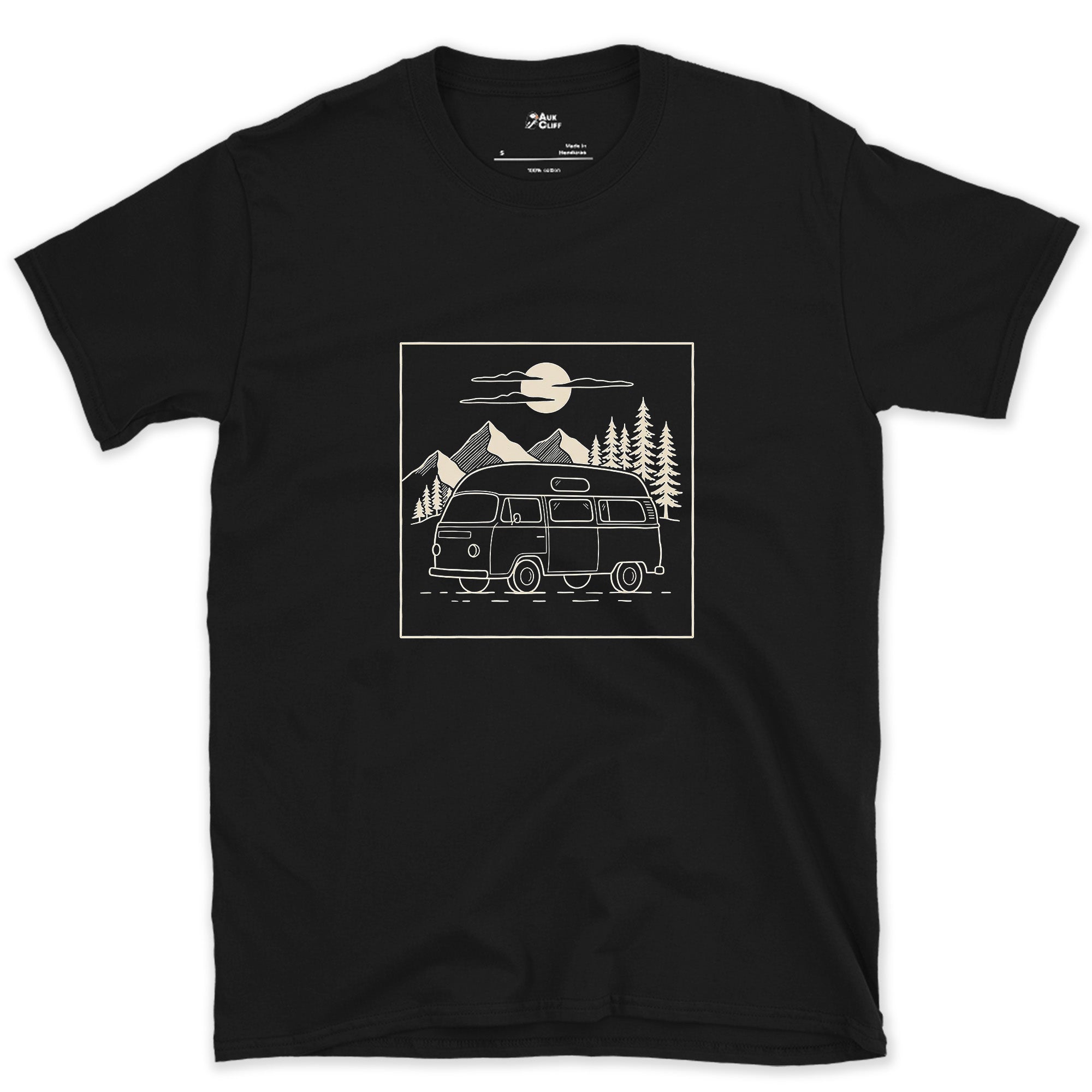 Small Van Against Big Mountains design on a Black Gildan Softstyle t-shirt