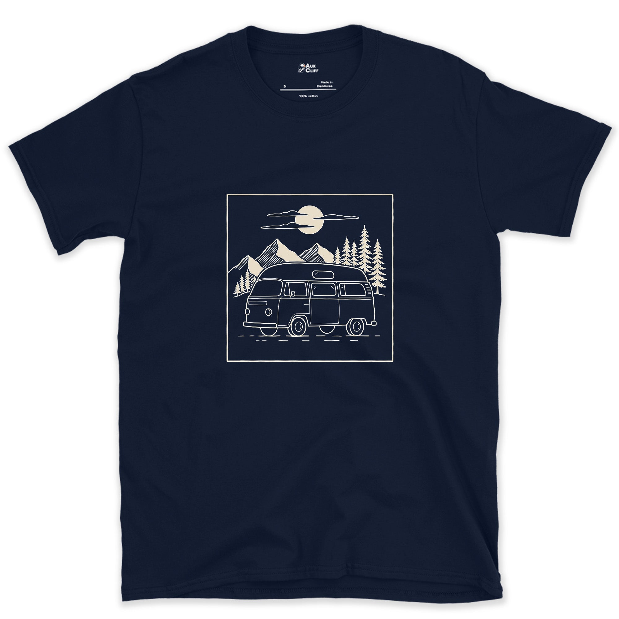Small Van Against Big Mountains design on a Navy Gildan Softstyle t-shirt