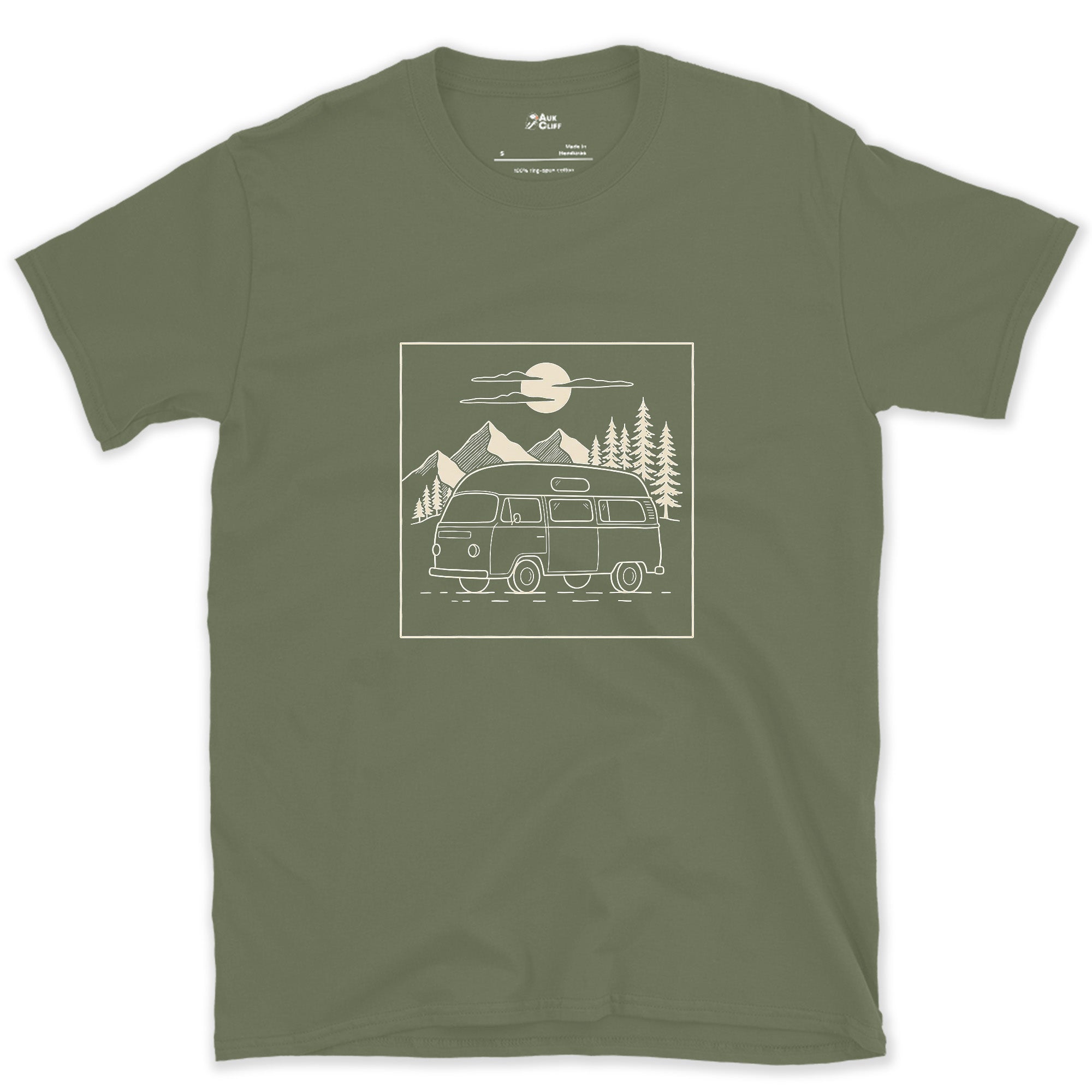 Small Van Against Big Mountains design on a Military Green Gildan Softstyle t-shirt
