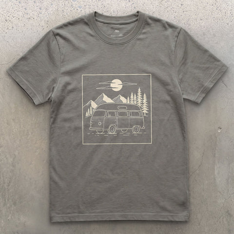 Small Van Against Big Mountains design on a Charcoal Gildan Softstyle t-shirt